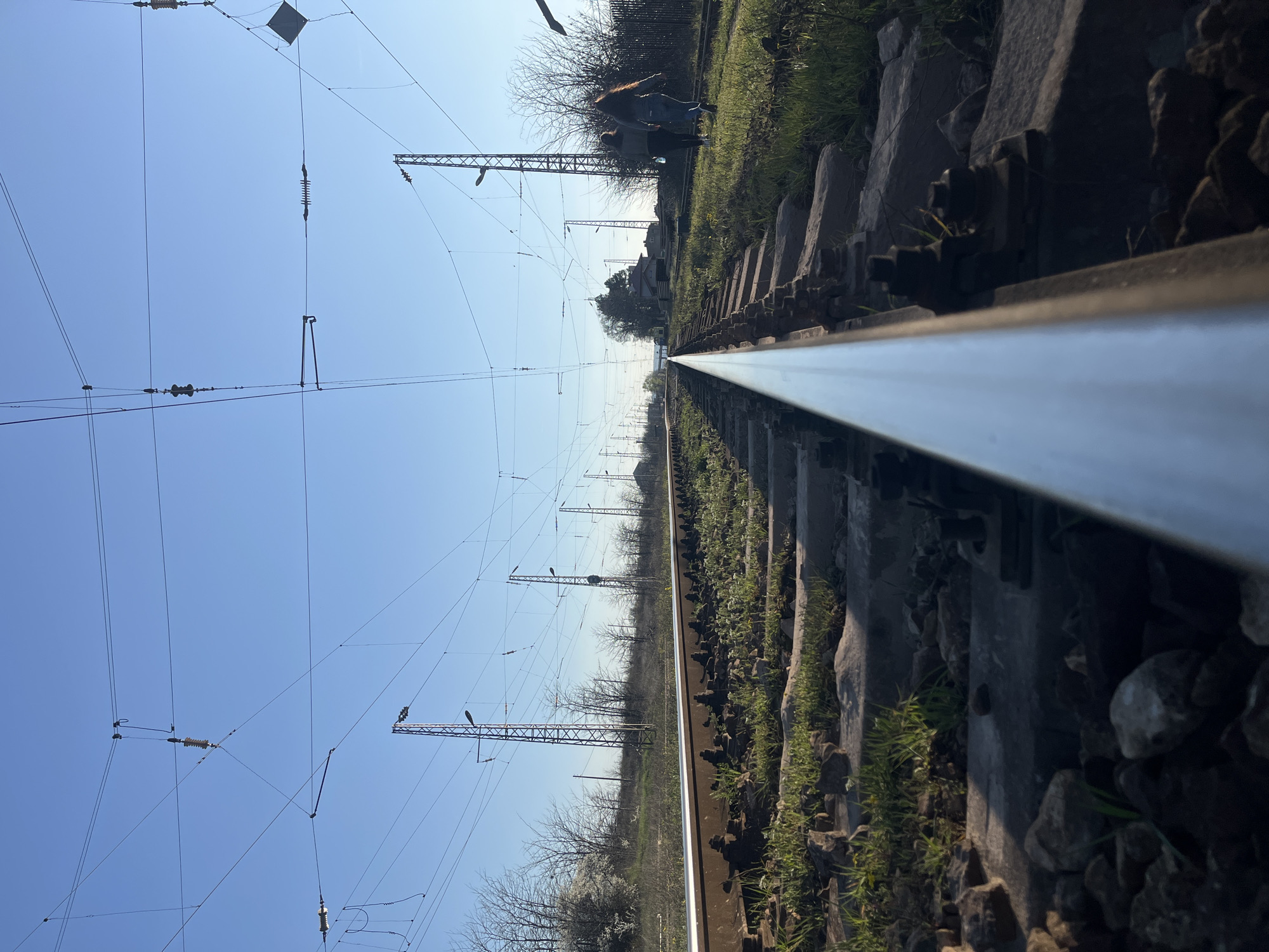 The image depicts a set of parallel railroad tracks receding into the distance under a clear, bright blue sky in Lozarevo, Bulgaria. Overhead electrical lines for the train run above the tracks, supported by evenly spaced metal utility poles. Vegetation, including grass and small plants, grows along the sides of the tracks, interspersed with ballast stones. At the top of the image, blurry figures of two people can be seen walking alongside the tracks in the distance. Bare trees and a hint of buildings can be seen in the background.