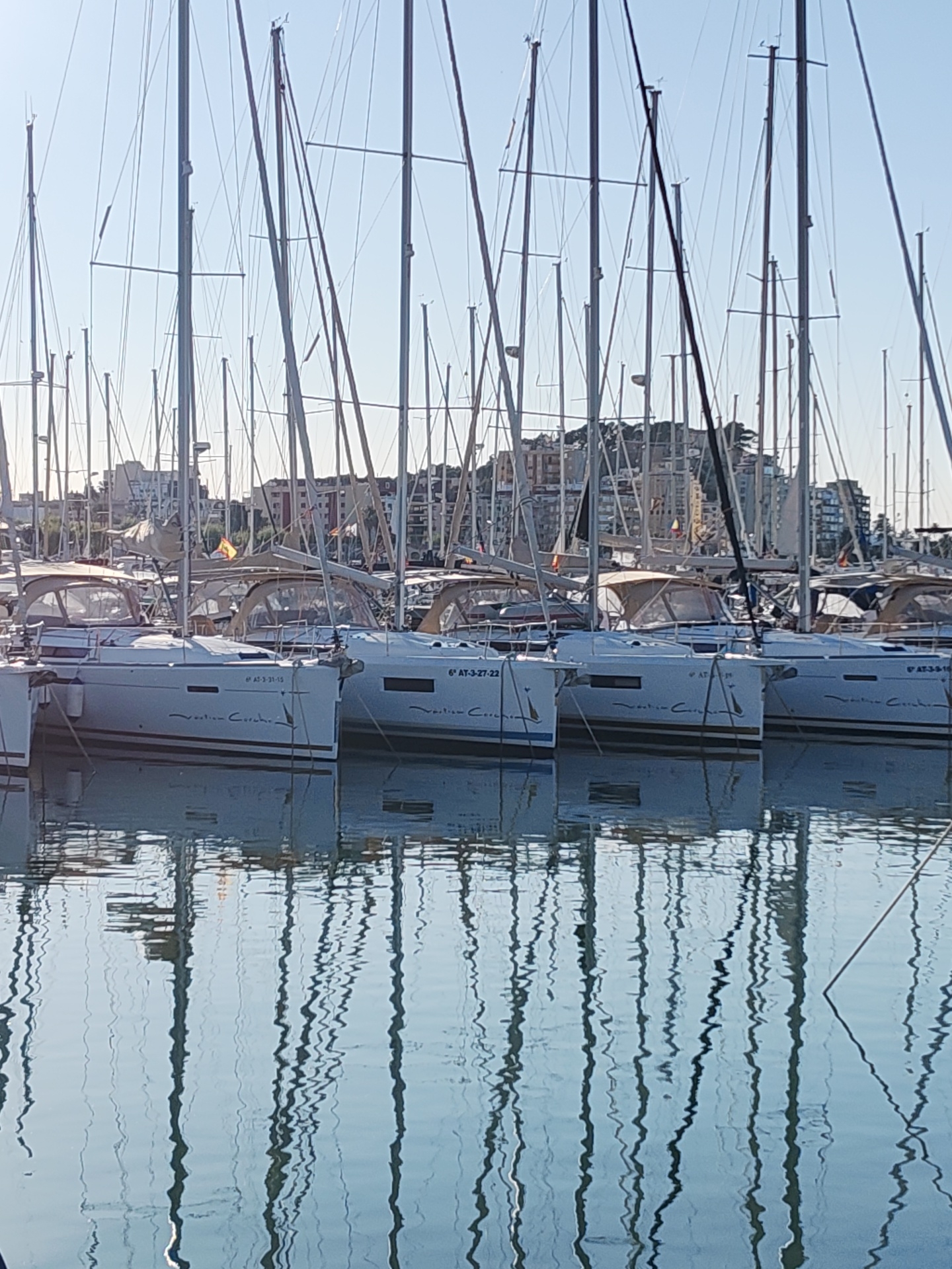The image presents a serene scene of a marina in Dénia, Spain, filled with numerous sailboats docked side-by-side under a clear, bright blue sky. The foreground and midground are dominated by the sleek, white hulls of modern cruising yachts, their tall masts and intricate rigging creating a dense, vertical network against the sky.
The water in the marina is exceptionally calm, perfectly reflecting the masts and rigging in shimmering, elongated patterns, adding a dynamic yet tranquil quality to the lower half of the frame. Many of the boats feature light-colored canvas covers over their cockpits.
In the background, a hillside is visible, densely covered with multi-story buildings, typical of a vibrant Mediterranean coastal town. The bright daylight suggests it is either morning or late afternoon, with clear weather and gentle illumination. No people are visible, contributing to the peaceful atmosphere.
Visible text on the boat hulls includes the name "Oceanis Coralia" and various registration numbers such as "6ª AT-3-27-22", "6ª AT-3-31-19", and "6ª AT-3-9-10". A small Spanish flag can also be faintly observed flying from one of the distant boats.