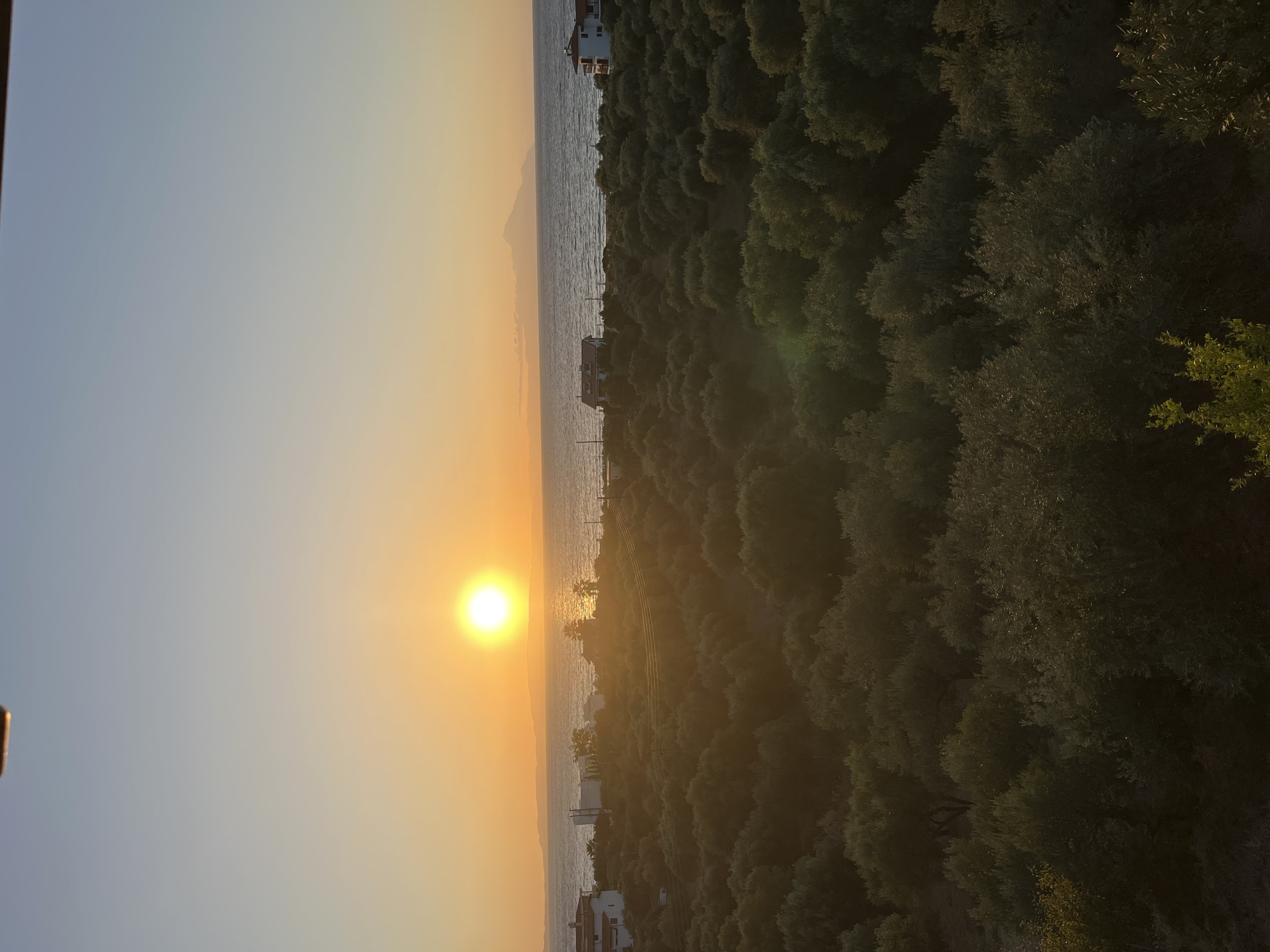 This is an aerial view of a coastal sunset in Sithonia Municipal Unit, Greece. The sun, a bright orb of light, is setting over the Aegean Sea, casting a warm, golden glow across the sky and water. The sea is calm with gentle waves. In the foreground, a dense olive grove stretches out, its trees silhouetted against the fading light. Several houses with red-tiled roofs are visible among the trees and along the coastline, suggesting a residential area or resort. In the distance, faint outlines of mountains can be seen on the horizon. The overall scene is tranquil and picturesque, bathed in the soft, warm light of sunset.