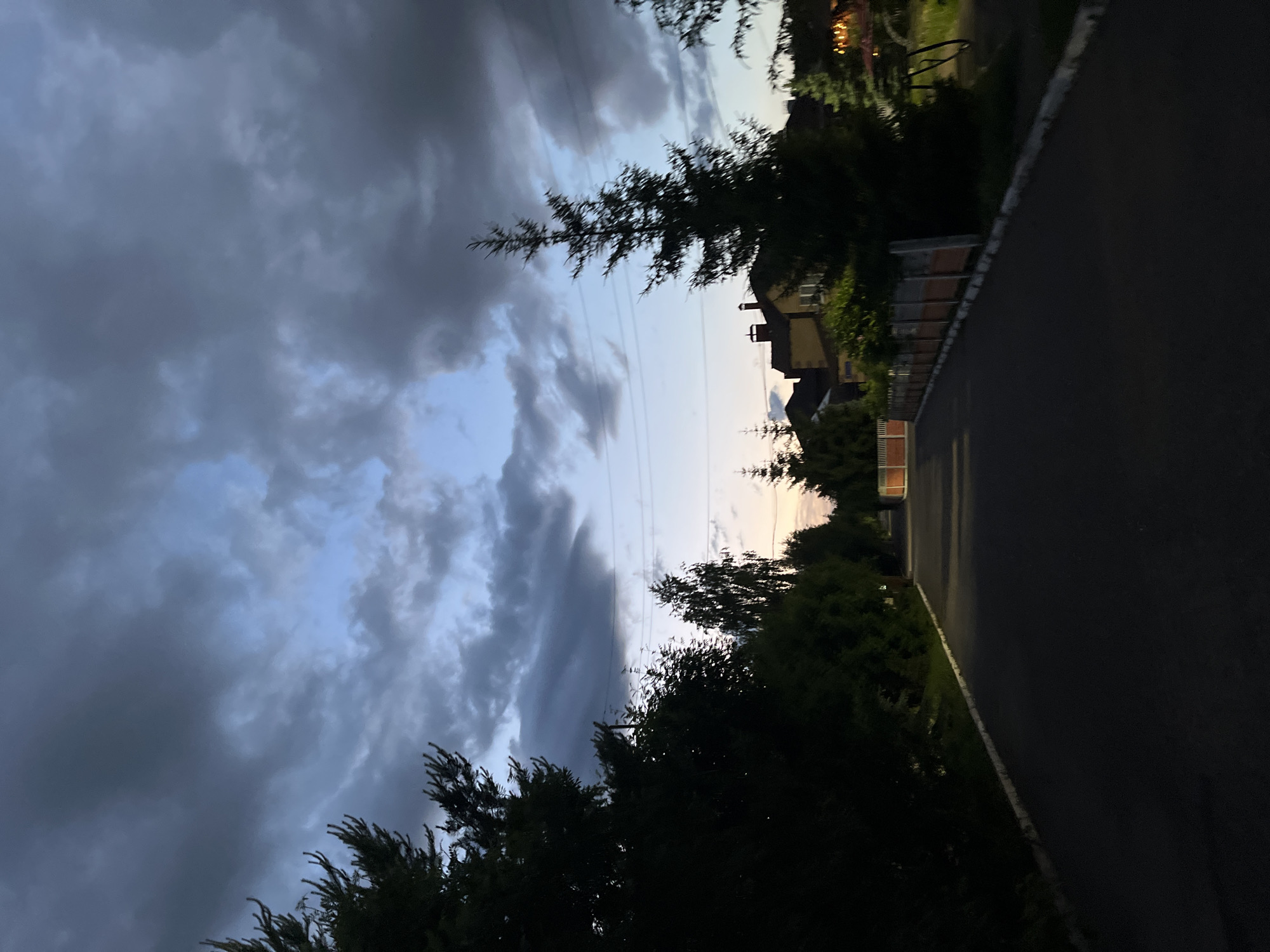 This image, best viewed rotated 90 degrees counter-clockwise to its intended landscape orientation, captures a twilight or dusk scene in what appears to be a suburban or rural area of Ореховка, Russia. The sky dominates the upper half of the frame, largely covered by dramatic, heavy dark grey clouds, particularly towards the left. Towards the right, closer to the horizon, the sky transitions from a soft blue to a pale, warm yellow-orange hue, indicating a sunset.
The lower half and right side of the landscape are filled with dark silhouettes of dense trees and bushes, including several prominent conifer-like evergreens. These trees obscure much of the immediate foreground but frame the background structures. Faint power lines or utility cables can be seen stretching horizontally across the mid-ground, against the lighter sky.
In the mid-ground, nestled among the trees, are the indistinct outlines of houses or buildings. One building, towards the center-right, appears to be a light-colored (possibly yellow) house with dark roofs and chimneys, visible against the lighter sky. A dark asphalt road or pathway runs along the right side of the scene, bordered by a low, light-colored curb or wall.
No people are visible, and there is no discernible text. The scene is quiet and atmospheric, with the heavy clouds creating a moody feel that is subtly contrasted by the soft, warm glow of the sunset on the horizon. It depicts a tranquil moment as day transitions to night in the Russian locality.