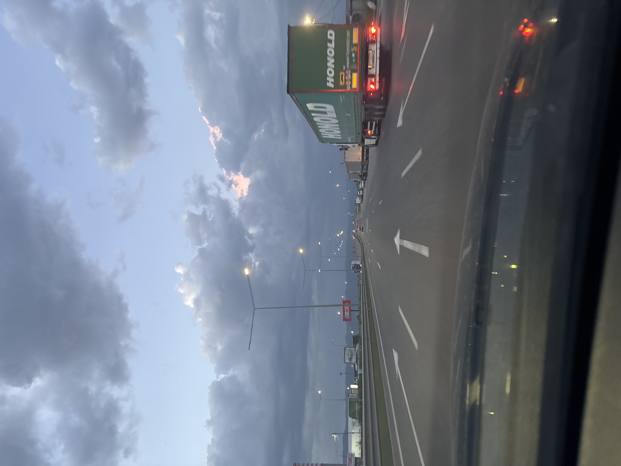 The image shows a highway with several lanes of traffic. A green "HONOLD" truck is in the lane closest to the photographer. The road markings indicate the direction of traffic flow. Streetlights line the highway. In the distance, there are buildings and what appears to be a Jumbo sign. The sky is cloudy. The picture was likely taken on the outskirts of Sofia, Bulgaria.