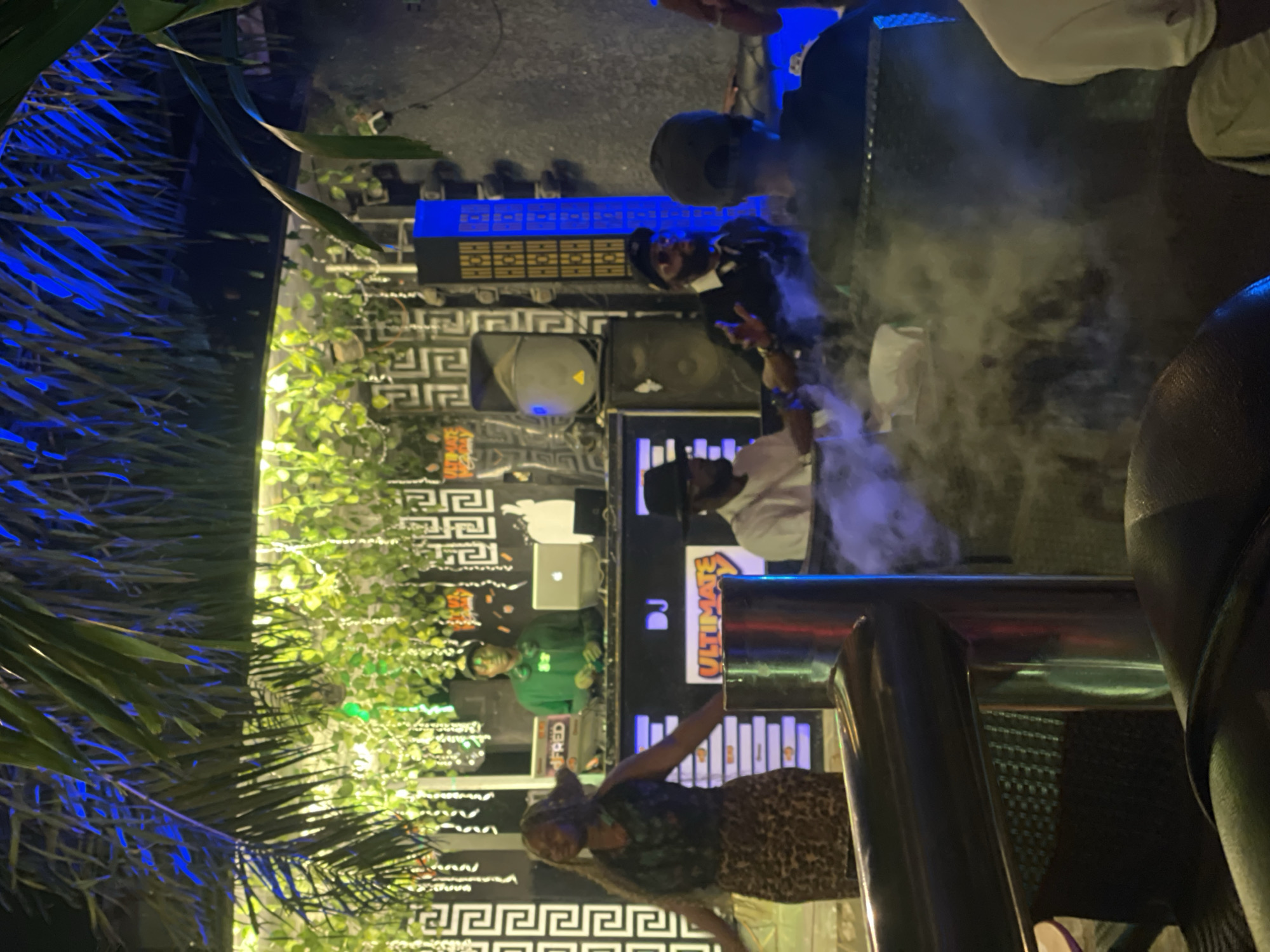 In Guzape, Nigeria, a lively scene unfolds at an outdoor venue under the cover of foliage and dramatic blue lighting. A woman with long, blonde hair, wearing a leopard-print skirt and a dark, patterned top, dances energetically in the foreground, her arms outstretched. Behind her, a DJ booth is set up, with a DJ in a green hoodie and headphones tending to the equipment. The booth is decorated with lights and signage that includes the word "ULTIMATE". Several people are seated in the middle ground, some appearing to be engaged in conversation or watching the DJ. Smoke or fog drifts through the air, adding to the atmospheric ambiance. The background features a patterned wall and more foliage, suggesting an urban outdoor space possibly at a club or event venue.