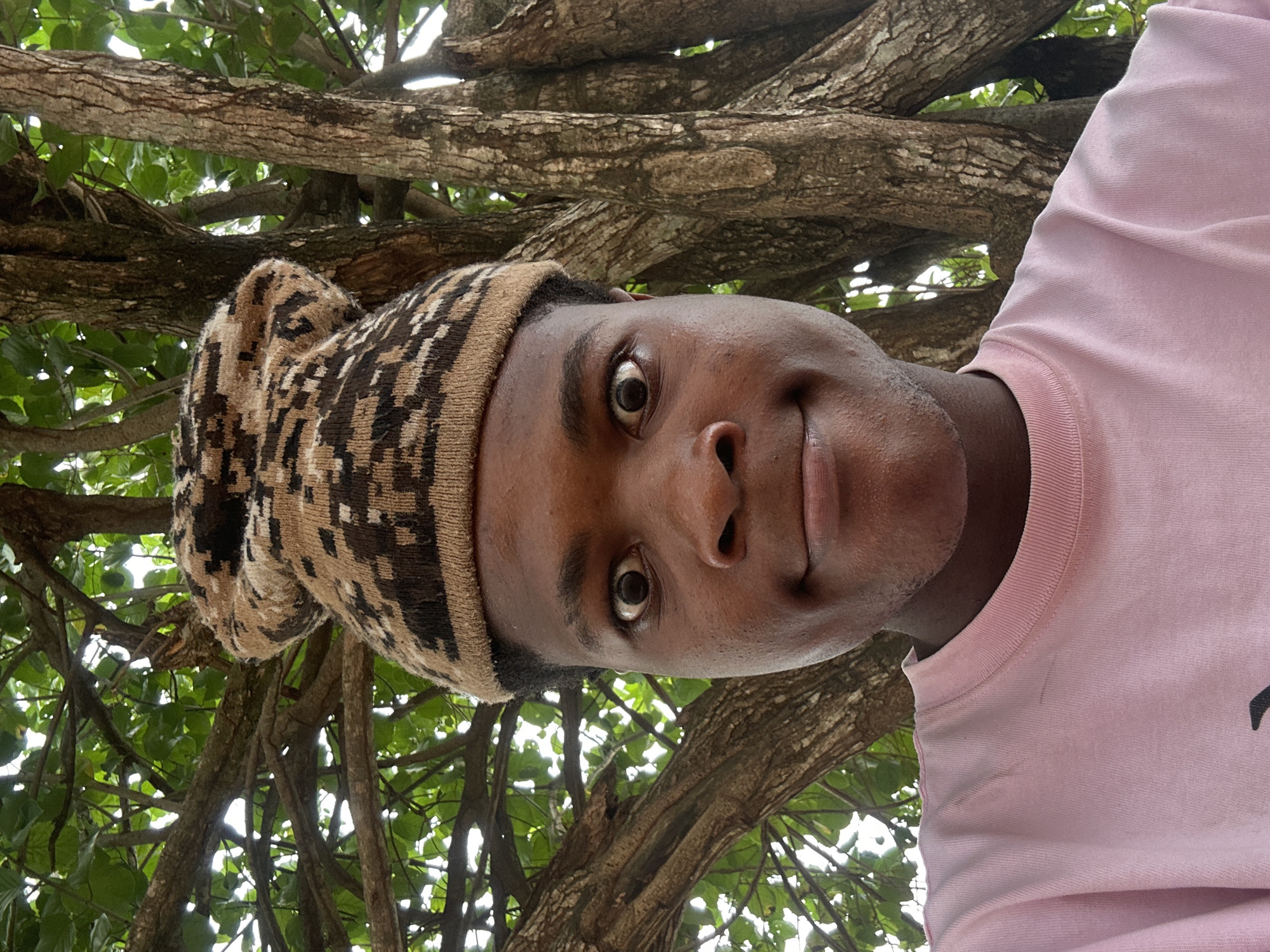 A young Black male is taking a selfie outdoors, framed by trees and foliage. He is wearing a camouflage-patterned knit hat and a pink t-shirt. His eyes are wide open, and he has a slight smile. The background shows the rough bark of tree trunks and the vibrant green of leaves. The scene appears to be set in Ihiagwa, Nigeria.
