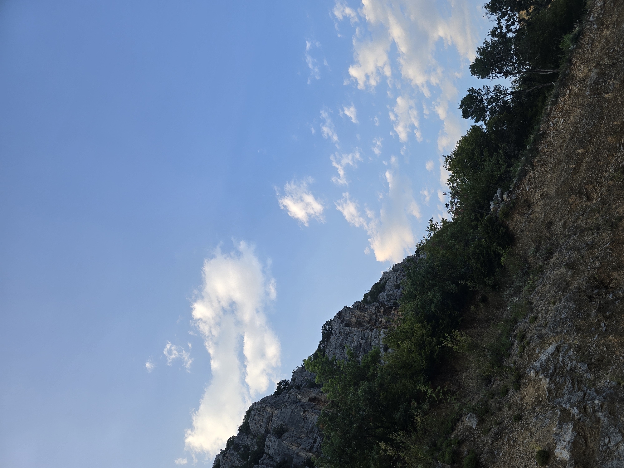 A steep, rocky mountainside covered in sparse vegetation and trees slopes upwards from the bottom left corner towards the top left. The mountain is composed of layered rock formations, with patches of soil and smaller stones. Green foliage, consisting of bushes and trees, grows along the lower slopes and crest of the mountain. The sky above is a clear, pale blue, with scattered white cumulus clouds. The image appears to be taken from a low angle, looking up at the mountainside, and it's likely located in the outskirts of Podgorica, Montenegro, given the terrain.
