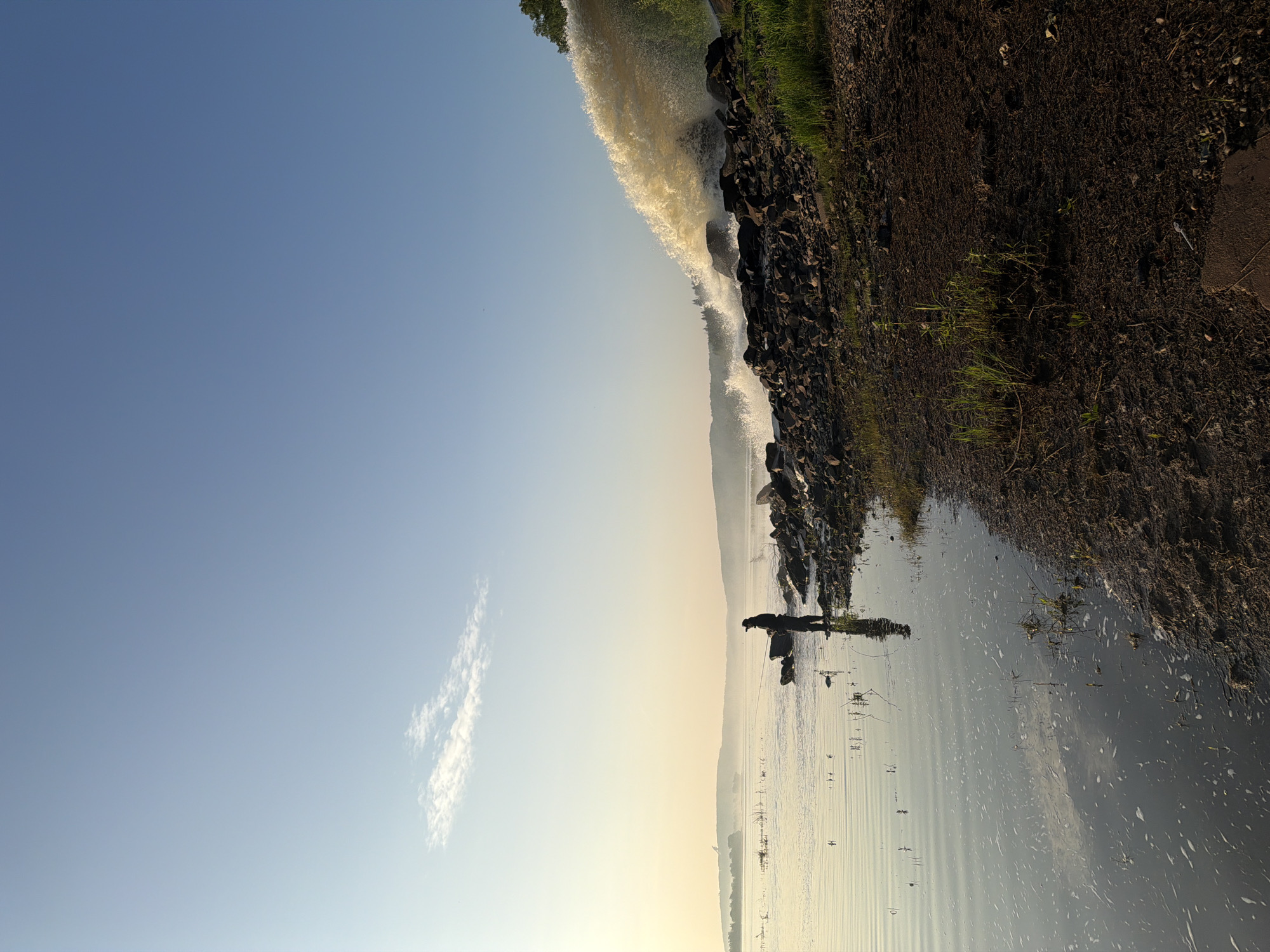 An early morning scene unfolds by a body of water, likely the Ufa River, near Chernushka, Russia. The sky is a clear, pale blue with a wispy white cloud near the horizon. The sun is low, casting a warm, golden glow that softens the landscape.
In the foreground, the dark, damp earth of the riverbank is dotted with sparse green grass. The water's edge is rocky, with large, dark stones creating a natural barrier. A solitary figure, silhouetted against the light, stands on these rocks, fishing with a rod. They are dressed in dark clothing, including waders and a hat. Their reflection is visible in the calm water, which is disturbed by gentle ripples and small patches of foam.
Further out on the water, several small dark shapes, possibly birds or debris, are scattered. The distant shoreline is hazy with mist, obscuring the details of hills and trees.
To the right of the image, a powerful torrent of water is being discharged, creating a dramatic cascade over the rocks. This creates a frothy, tan-colored spray that contrasts with the otherwise tranquil scene. The force of this discharge suggests an industrial or infrastructural process. The overall impression is one of natural beauty punctuated by human activity.