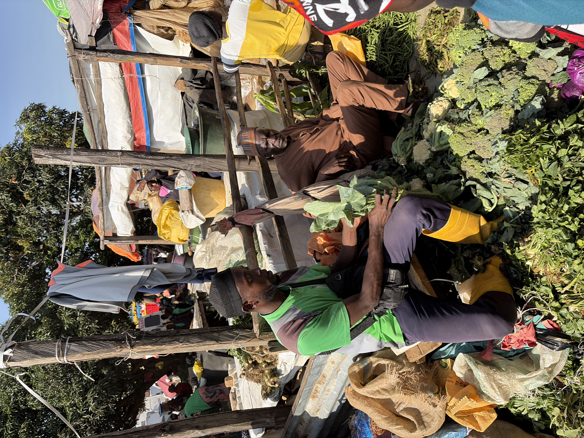 The image depicts a bustling outdoor market scene in Gura Top, Nigeria. In the foreground, a man wearing a green and grey shirt, dark pants, and yellow boots sits on a wooden bench, holding a bundle of leafy green vegetables. He has a black crossbody bag slung over his shoulder. To his right, an older man in a brown traditional outfit and a patterned cap is seated, looking directly at the camera. Behind them, another person in a yellow and white shirt, wearing a dark cap, is partially visible.
The market appears to be selling a variety of fresh produce, with large piles of broccoli, cauliflower, and other green vegetables spread across the ground. Several burlap sacks and plastic bags are scattered around, some containing produce or other goods. Overhead, tarps and corrugated metal sheets form makeshift stalls, providing shade. Clothes are hung on a clothesline suspended between wooden posts. In the background, more market activity is visible, with people milling about and stalls set up. The environment suggests a sunny day with clear skies. The overall impression is one of vibrant commerce and community engagement in a local Nigerian market.