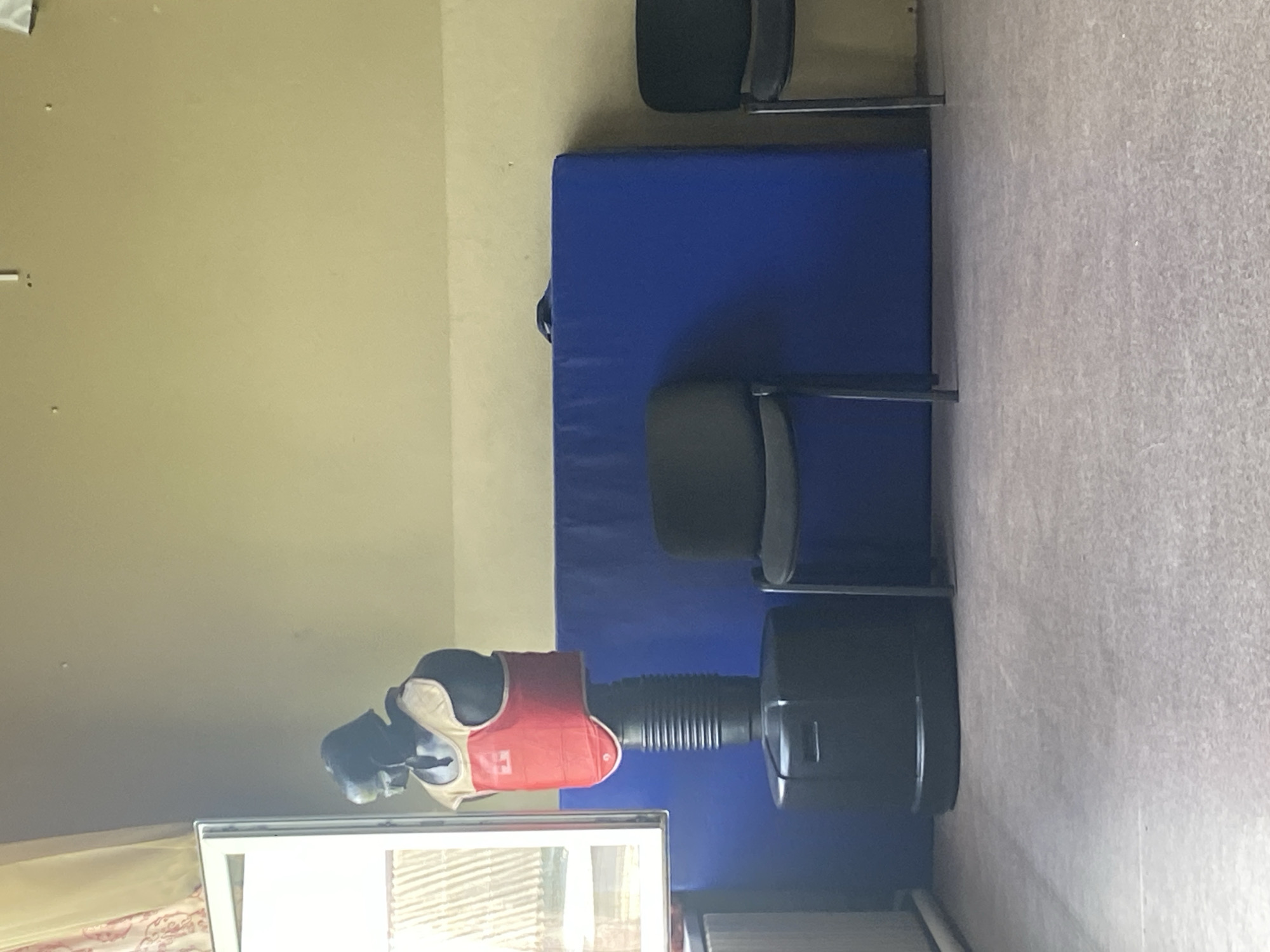 The image shows a room that appears to be a martial arts training area or gym. In the foreground, there's a punching bag with a black base and a corrugated black middle section. A red and white chest protector, possibly for martial arts, is positioned on top of the punching bag. To the left of the punching bag, there's a white framed object, which might be a mirror or a display case.
In the background, there's a large blue mat covering a significant portion of the floor. Behind the blue mat, there are two black chairs with metal frames. The walls are a light, neutral color, and the floor appears to be carpeted. The lighting in the room is bright, suggesting it's daytime, but there are no windows visible to indicate the exact time or weather conditions. The overall impression is one of a functional training space, likely indoors. There is no visible text in the image. The scene is static, with no apparent activity taking place at the moment the photo was taken.