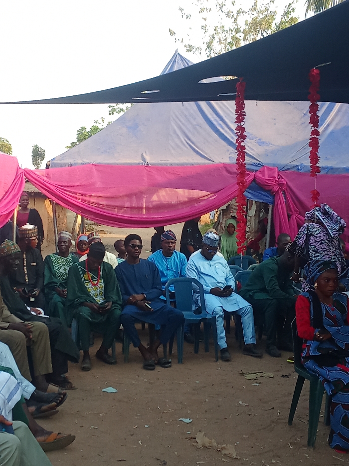 A group of people, predominantly adults, are gathered outdoors under a large blue canopy tent and vibrant pink fabric drapery, likely indicating a social or ceremonial occasion in Doma, Nigeria. Most attendees are seated on plastic chairs arranged on a dirt ground.
The individuals are dressed in various forms of traditional Nigerian attire. Many of the men wear long tunics (agbada or similar styles) with matching caps, in colors such as dark blue, light blue, green, and beige. Some individuals are seen looking at their mobile phones. On the far right, a woman in a patterned blue and red dress with a matching headwrap is visible. In the background, another woman holds a tray, and a child in a light green outfit can be seen peeking from behind the drapery.
The tents are decorated with long red garlands or artificial flowers hanging from the black outer canopy. In the background, behind the primary gathering space, glimpses of simple, perhaps mud-brick or plaster structures are visible, along with some sparse vegetation and trees under a clear, bright sky. The lighting suggests it is either late afternoon or early morning, with soft, directional light. There is no visible text in the image.