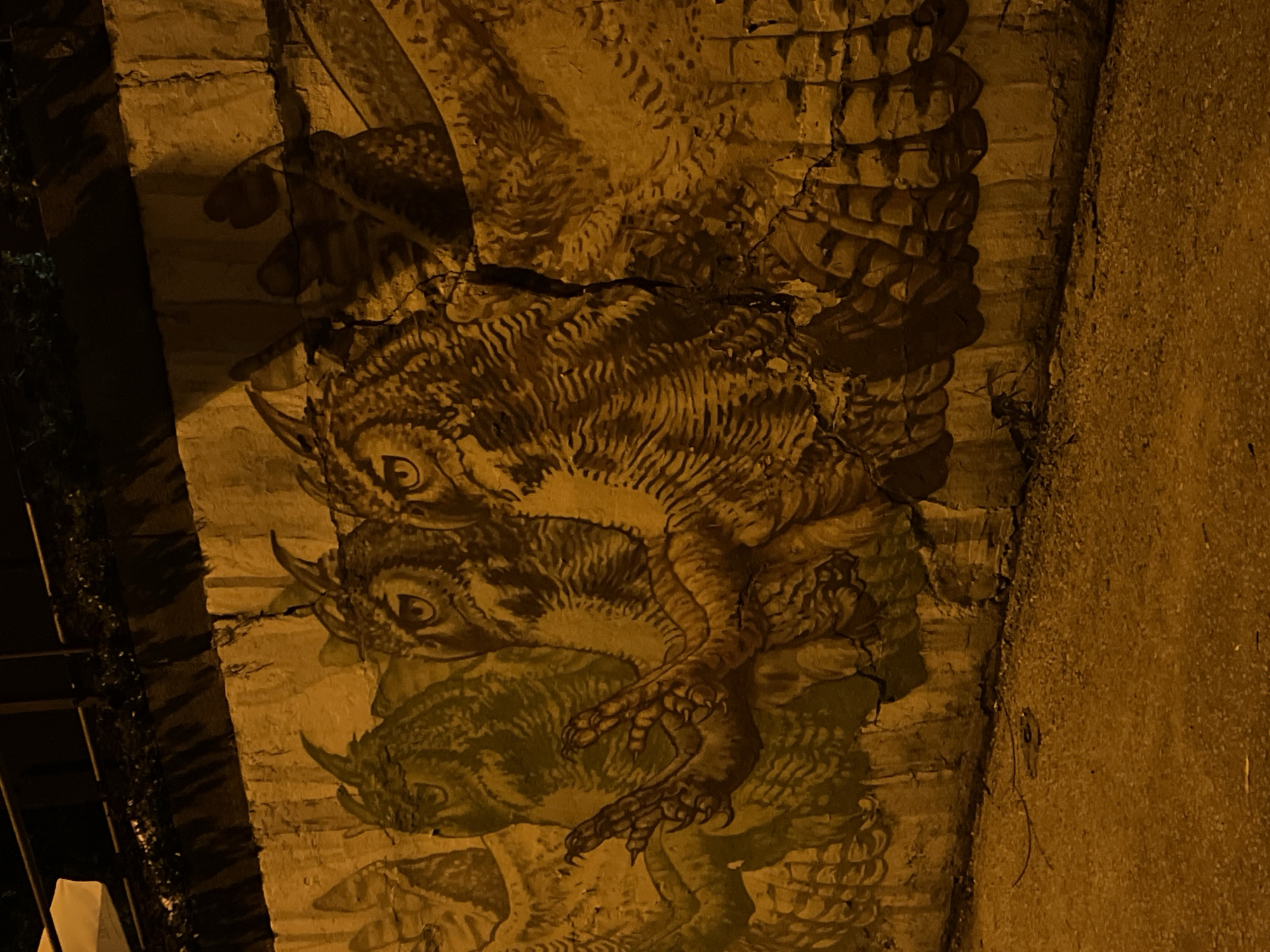 The image depicts a mural painted on a concrete wall in Nitra, Slovakia. The mural features a series of stylized owls with intricate feather details. The owls appear to be in a procession or a layered composition, with their heads and wings prominently displayed. The artwork is rendered in shades of brown and yellow, with strong contrasts that give it a dramatic effect. The wall itself shows signs of age and weathering, with cracks visible in the concrete, particularly between the owls. The scene is illuminated by artificial light, casting shadows that enhance the texture and depth of the mural. The ground in front of the wall is a paved surface, possibly a sidewalk or road, with some debris scattered on it. The background is dark, suggesting it is nighttime or a dimly lit area, with hints of foliage or railings above the wall.