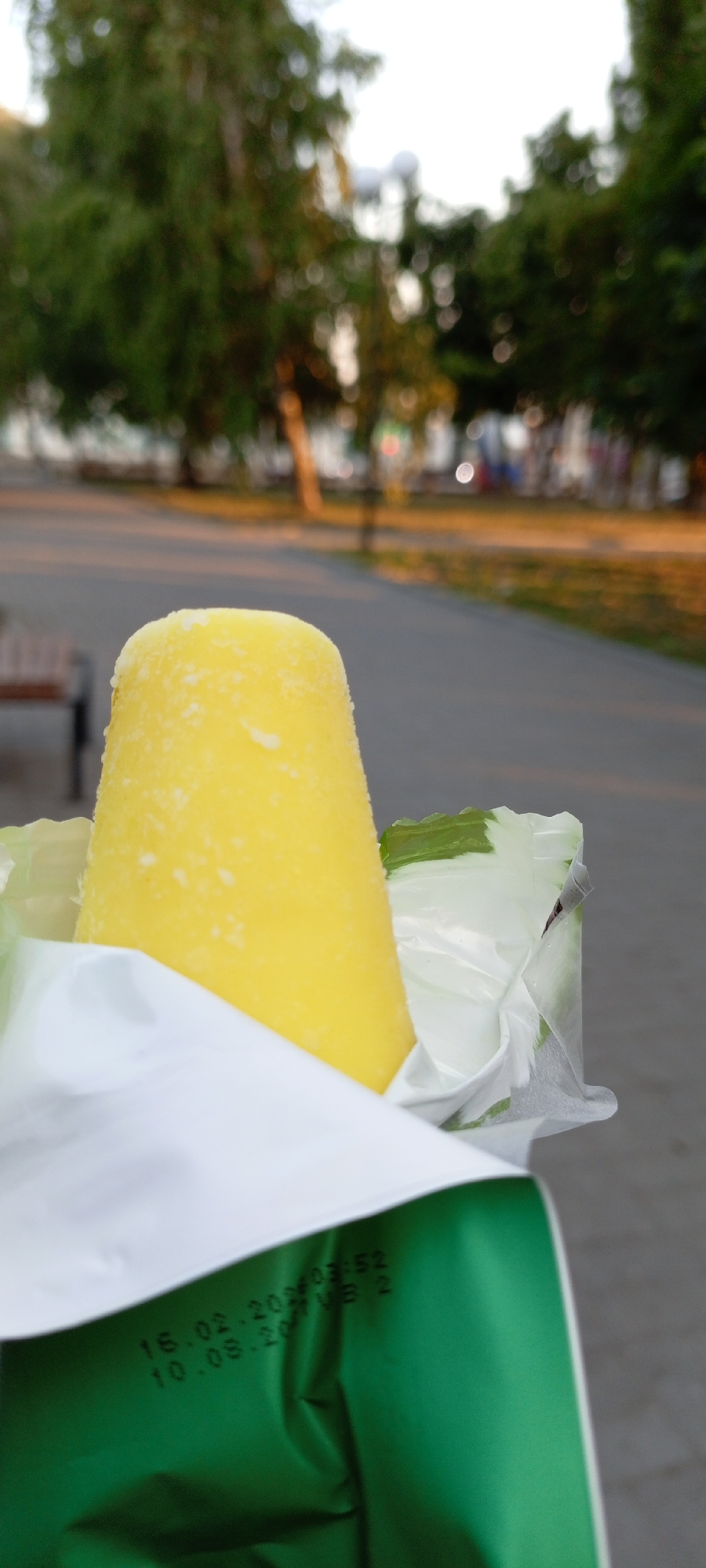 A close-up shot features a bright yellow popsicle partially unwrapped from its white and green packaging. The popsicle is the main subject, with its textured, frosted surface catching the light. The packaging, made of a reflective material, is visible in the foreground, with some of its layers peeled back. In the blurred background, a pathway or road is visible, lined with trees. The golden light suggests it's either early morning or late afternoon. The overall impression is a casual moment, possibly outdoors, enjoying a frozen treat.
Visible text on the packaging includes "16.02.2023 03:52" and "10.08.2023 VB 2". This text likely indicates a production or expiry date and a batch number. The setting appears to be a park or an outdoor public space, with trees and a path suggesting a natural or recreational environment. The soft focus on the background elements draws attention to the popsicle itself. The location context is Kirsanov, Russia, which could imply the type of trees and general flora visible in the background.