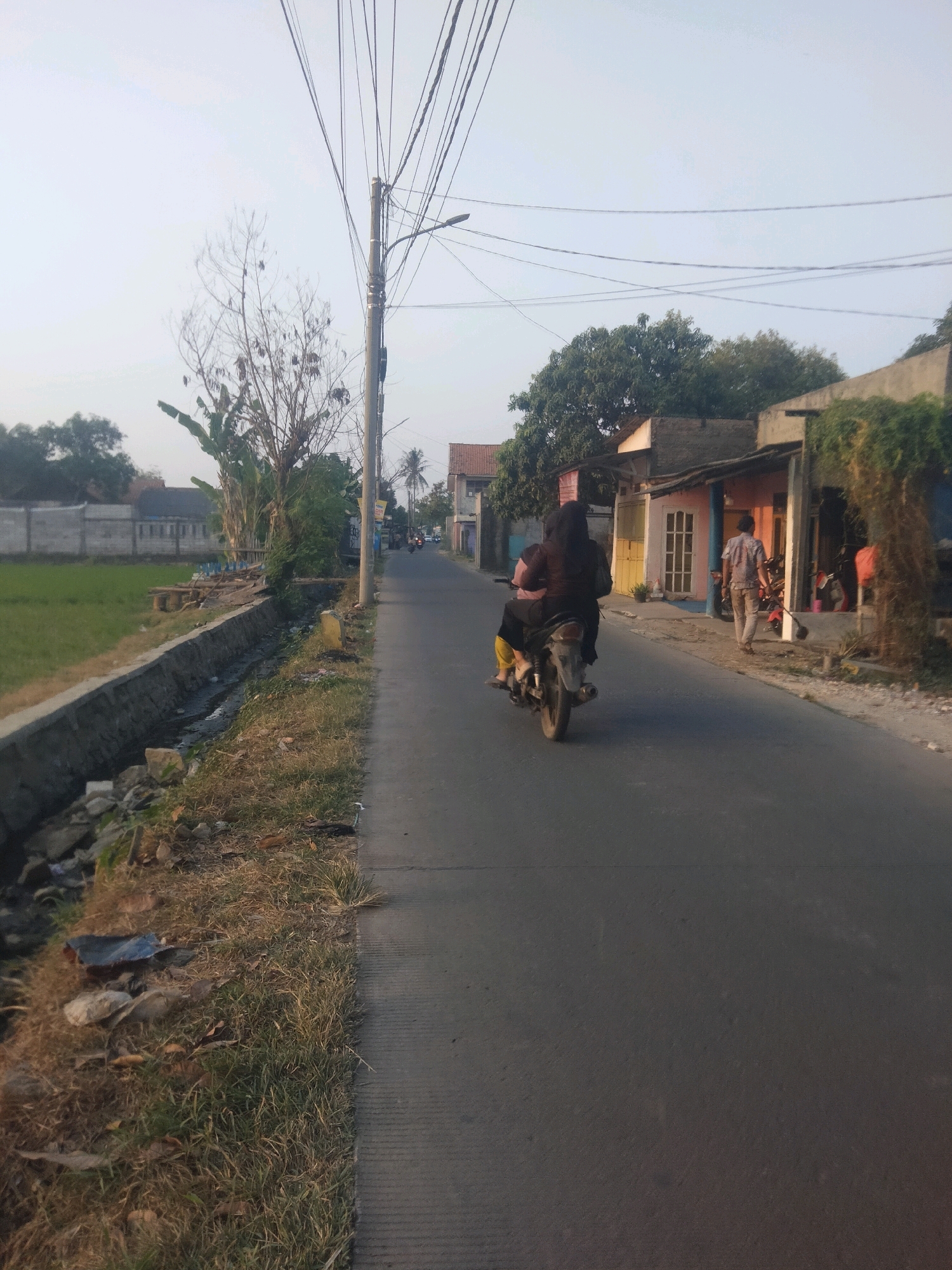 A street scene in Suka Sari, Indonesia, captures a rural or suburban environment. The road is paved and runs parallel to a green rice field on the left, separated by a concrete drainage ditch. On the right side of the road, there are several small buildings with simple architecture, some painted in light colors. Power lines stretch across the sky, supported by a tall utility pole.
Two individuals are riding a motorcycle, moving away from the viewer on the road. The person in the back is wearing a headscarf. Further down the road, a man is walking away from the buildings. The scene is bathed in the soft light of what appears to be late afternoon or early morning. The surroundings are somewhat unkempt, with dry grass and debris visible along the edge of the road and in the ditch.