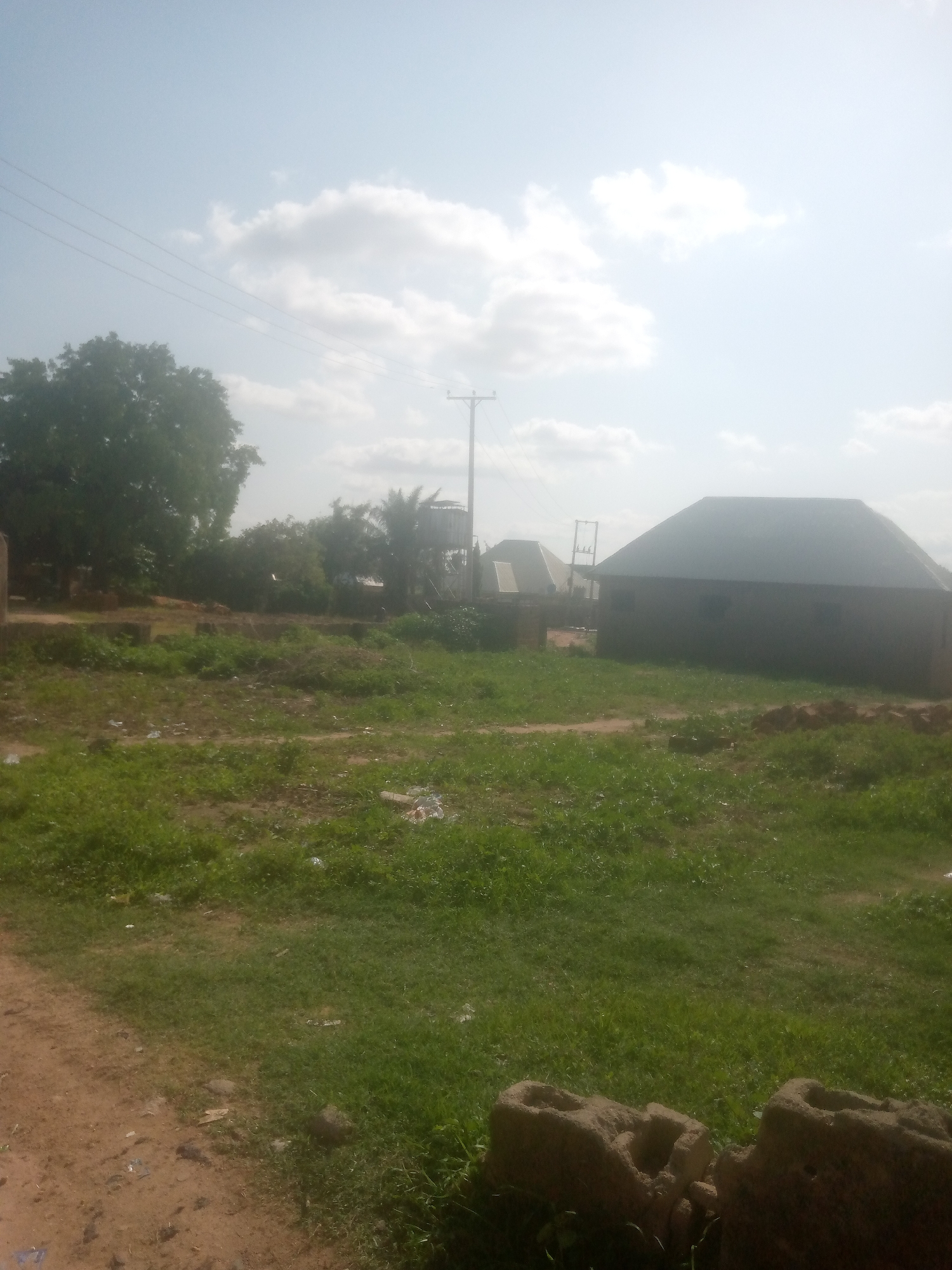 The image depicts an outdoor scene in an area that appears to be rural or a developing urban fringe. The foreground is dominated by a patch of dry, sandy ground transitioning into a moderately overgrown grassy area. Scattered throughout the grass are small pieces of debris, including plastic wrappers and a broken concrete block in the lower right corner.
In the midground, there is a building with a dark, sloped roof, likely a house or small structure, with dark, possibly boarded-up windows. To the left of this building, another structure with a similarly shaped roof is visible, appearing lighter in color. A few sparse trees and bushes are scattered around these buildings.
The background features a line of trees, some of which are large and leafy, indicating a more established green space. A utility pole with visible wires stretches across the sky. The sky itself is partially overcast with diffused sunlight, suggesting it is daytime. The overall impression is one of a somewhat undeveloped area with existing structures and natural elements. There are no people or animals visible in the image.