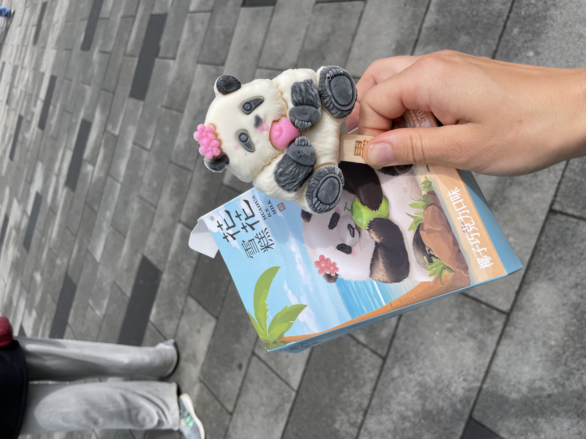 A hand holds a panda-shaped ice cream resting on its packaging, taken outdoors on a gray tiled surface. The ice cream panda is predominantly white with black patches and a pink flower detail on its head, and a pink heart in the center. The ice cream is held by a wooden stick. The packaging for the ice cream depicts a panda in a tropical scene with a blue background and palm trees, and has Chinese characters. A person's legs and shoes are visible in the lower left corner of the frame. Based on the Chinese characters on the packaging "HUAHUA" and other details, this is likely in the city of Chenghua District, China.