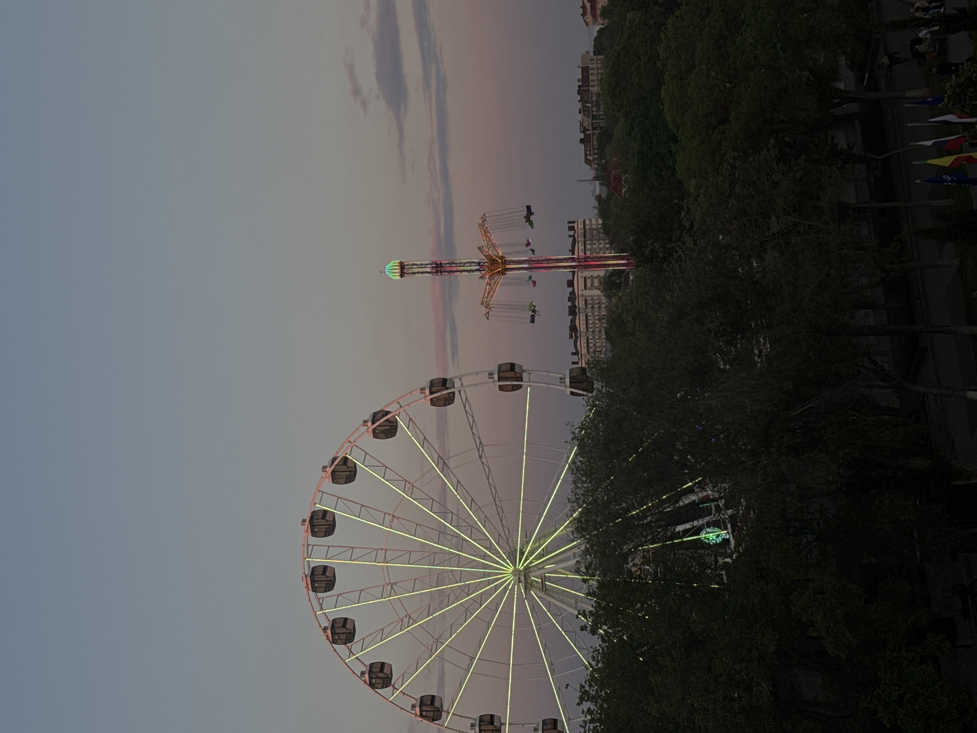 The image captures an evening scene in Yevpatoriya, Ukraine, featuring a Ferris wheel and a swing ride illuminated against a dusky sky. The Ferris wheel, a prominent structure on the left, is encircled with lights. A swing ride extends upwards with colored lights. The upper right of the frame shows trees, buildings, and flags. The sky transitions from a light grey to a soft pink-purple hue.