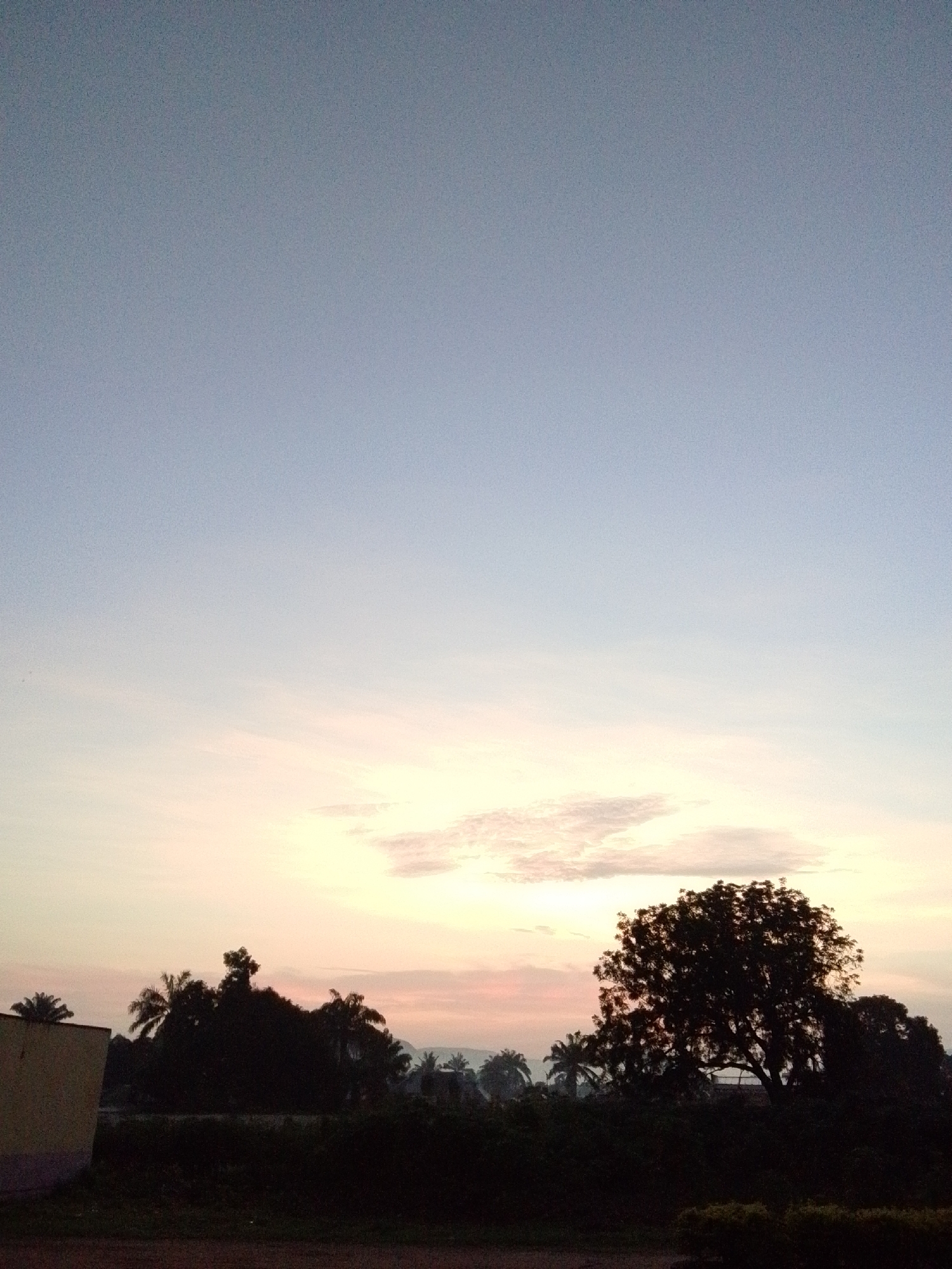 This image captures a serene dawn scene in Serti, Nigeria. The sky transitions from a pale blue at the top to soft hues of pink and yellow near the horizon, illuminated by the rising sun. Wispy clouds are scattered across the sky. In the foreground, silhouetted against the bright sky, are various trees, including a large, dense tree on the right and palm trees interspersed with other foliage. To the far left, a portion of a building with a textured yellow wall is visible. The ground in the immediate foreground appears to be a dirt path. The overall atmosphere is peaceful and suggests the early morning hours in a rural or semi-rural setting within Serti.
