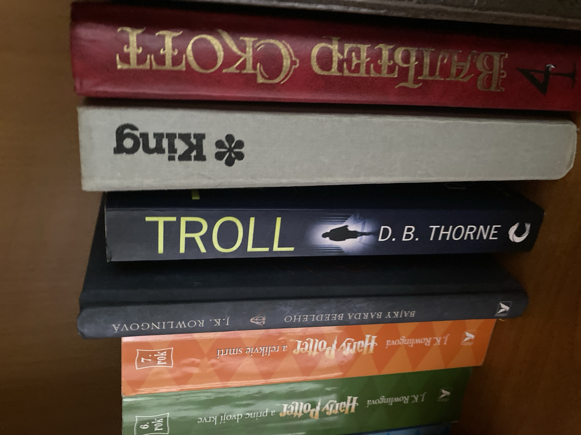 A close-up, eye-level shot shows a bookshelf filled with books. The books are arranged vertically, with their spines facing the viewer. The bookshelf is made of wood and appears to be dark brown.
The books visible are:
* A green book with "Harry Potter" written in gold on the spine, along with the text "6. rok" and "a princ dvoji krve."
* An orange book with "Harry Potter" written in gold on the spine, along with the text "7. rok" and "a relikvie smrti."
* A dark blue book with "J.K. ROWLINGOVÁ" and "BAJKY BARDA BEEDLEHO" written vertically on the spine in white text.
* A dark blue book with "TROLL" in large yellow letters and "D.B. THORNE" written vertically in white text. A silhouette of a person walking down a hallway is visible on this spine.
* A light gray book with "* King" written vertically in black text.
* A red book with "BATTLER COFF" in large gold letters and the number "4" at the bottom, also in gold.
The lighting suggests the photograph was taken indoors, with a warm, ambient light. The books are the primary focus, with a shallow depth of field that blurs the background. No people are visible in the image.