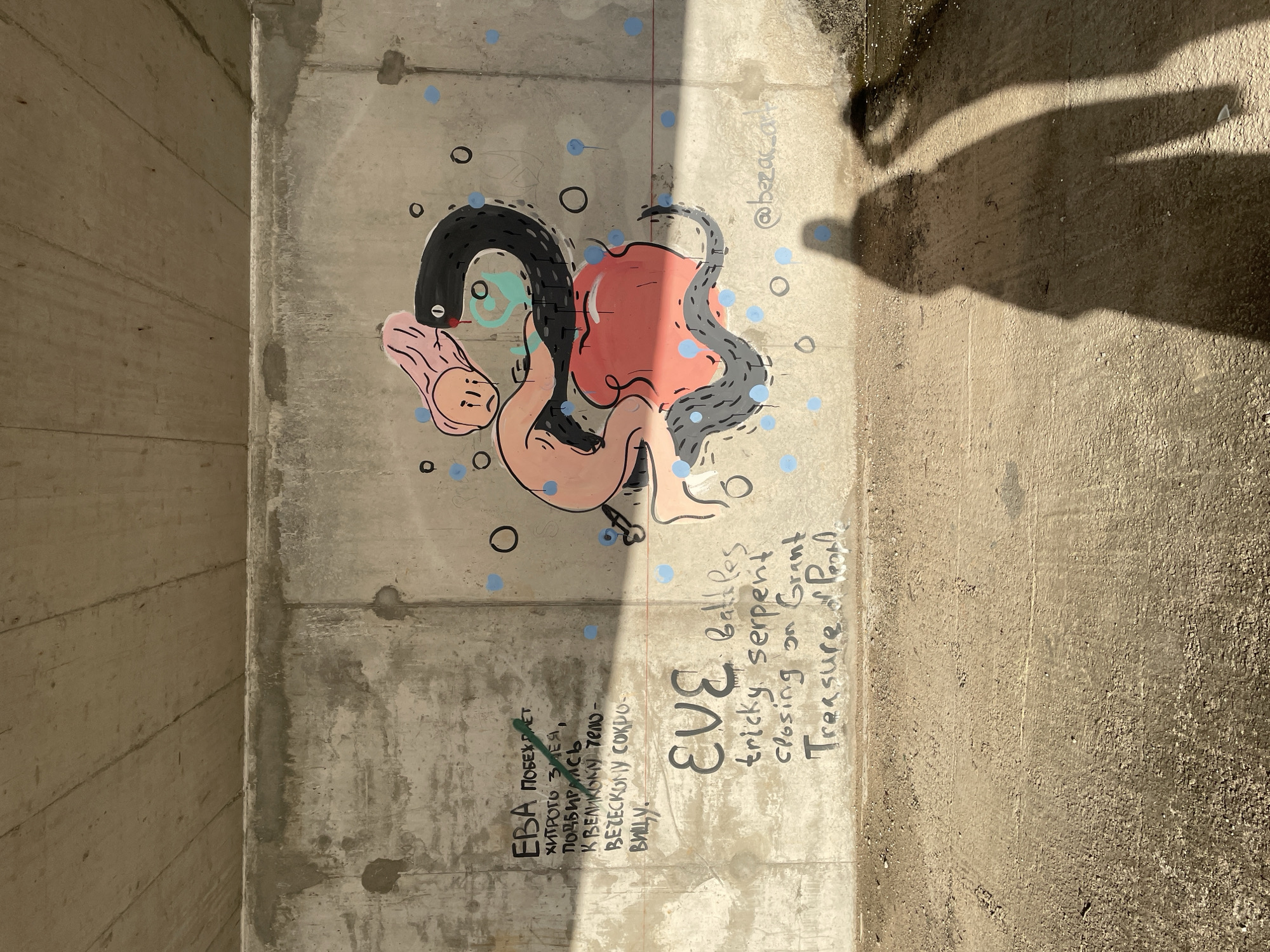 The image shows a concrete wall in Donji Katun, Montenegro, adorned with graffiti. The graffiti features a stylized depiction of a person/creature with a large head/torso with a snake wrapped around it, surrounded by circles. The graffiti also includes the text "@bezaczan", "Eve battles tricky serpent closing on Grant Treasure of Pool", and some text in Cyrillic (likely Russian). A shadow of a person holding a phone is cast across the top right of the wall. The concrete wall itself shows signs of aging and wear.