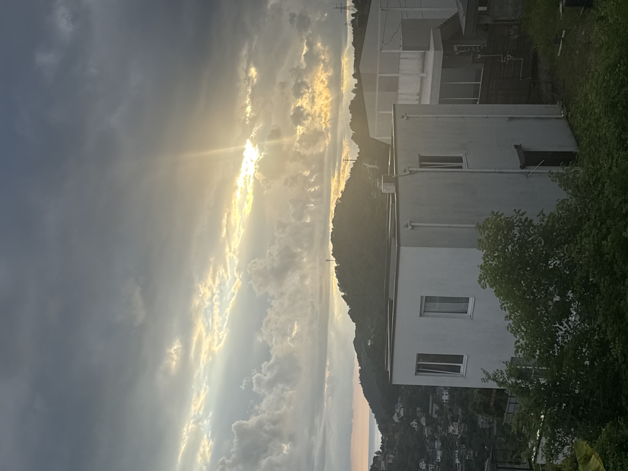 The image shows a dramatic sky with the sun breaking through clouds, casting golden rays. The scene is a vertical orientation, suggesting it may have been taken on a phone and rotated. On the right side of the frame, there are buildings on a hillside, indicative of a town or village. The architecture appears modern, with white facades and windows. A lush green tree is prominent in the foreground on the right, partially obscuring the buildings. The background features a dark, tree-covered hill sloping down towards what appears to be the sea or a large body of water, with houses scattered on the slope. The time of day appears to be late afternoon or early evening, given the low angle of the sun and the quality of light. The weather seems to be dynamic, with dark clouds giving way to sunlight. The overall mood is one of natural beauty and a picturesque landscape, possibly evoking feelings of awe or tranquility. No visible text is present in the image. The location context provided is Baranovka, Russia.