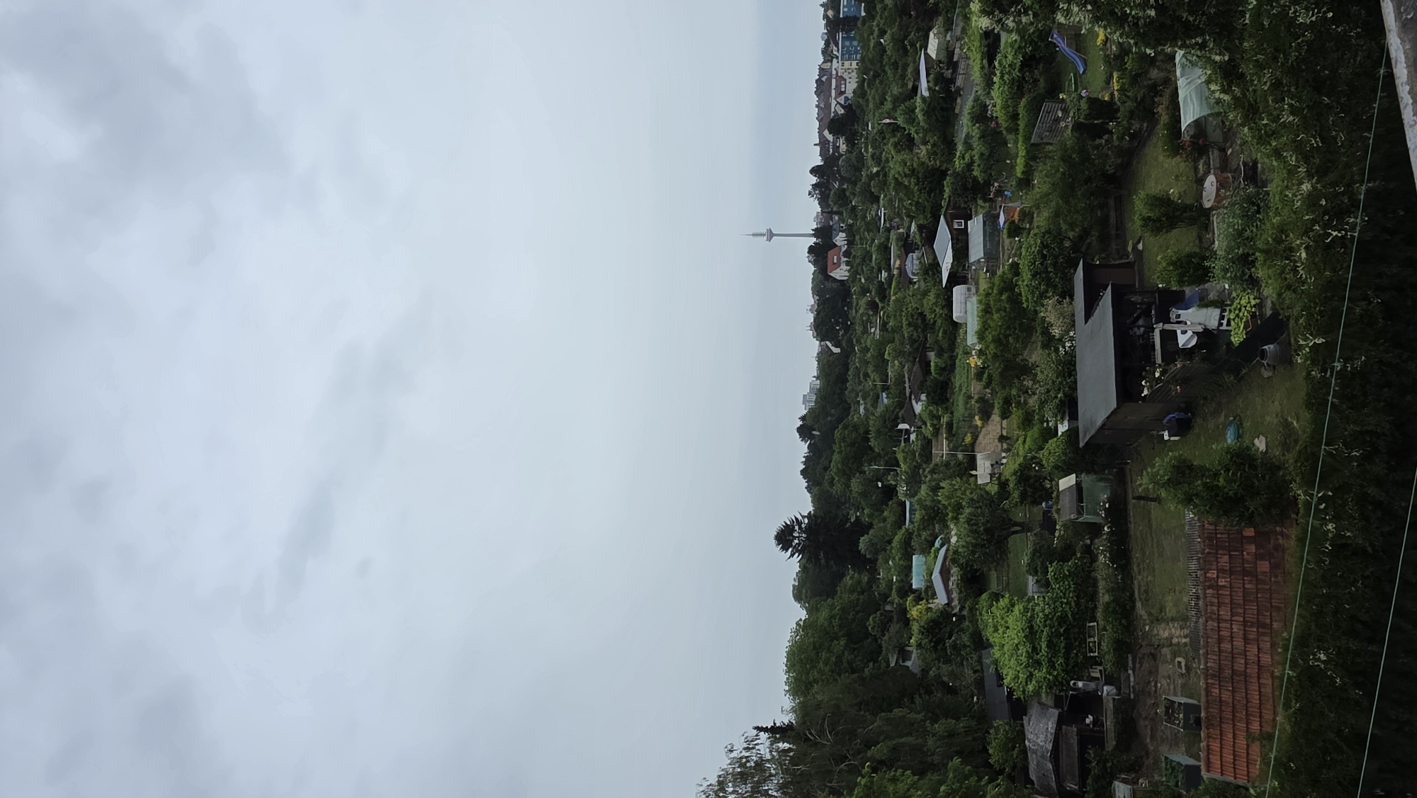 The image shows an aerial view of a garden allotment area with numerous small plots of land, each containing a small shed or structure, surrounded by greenery. In the background, a prominent radio tower with a distinctive lattice structure stands against a cloudy sky. The foreground shows dense foliage and a red-tiled roof of a building or structure, likely part of the allotment. The scene depicts a communal gardening space within an urban or suburban setting, characterized by the distinct architecture of the radio tower and the general residential development visible in the distance. The overall atmosphere is overcast, suggesting a cloudy day.