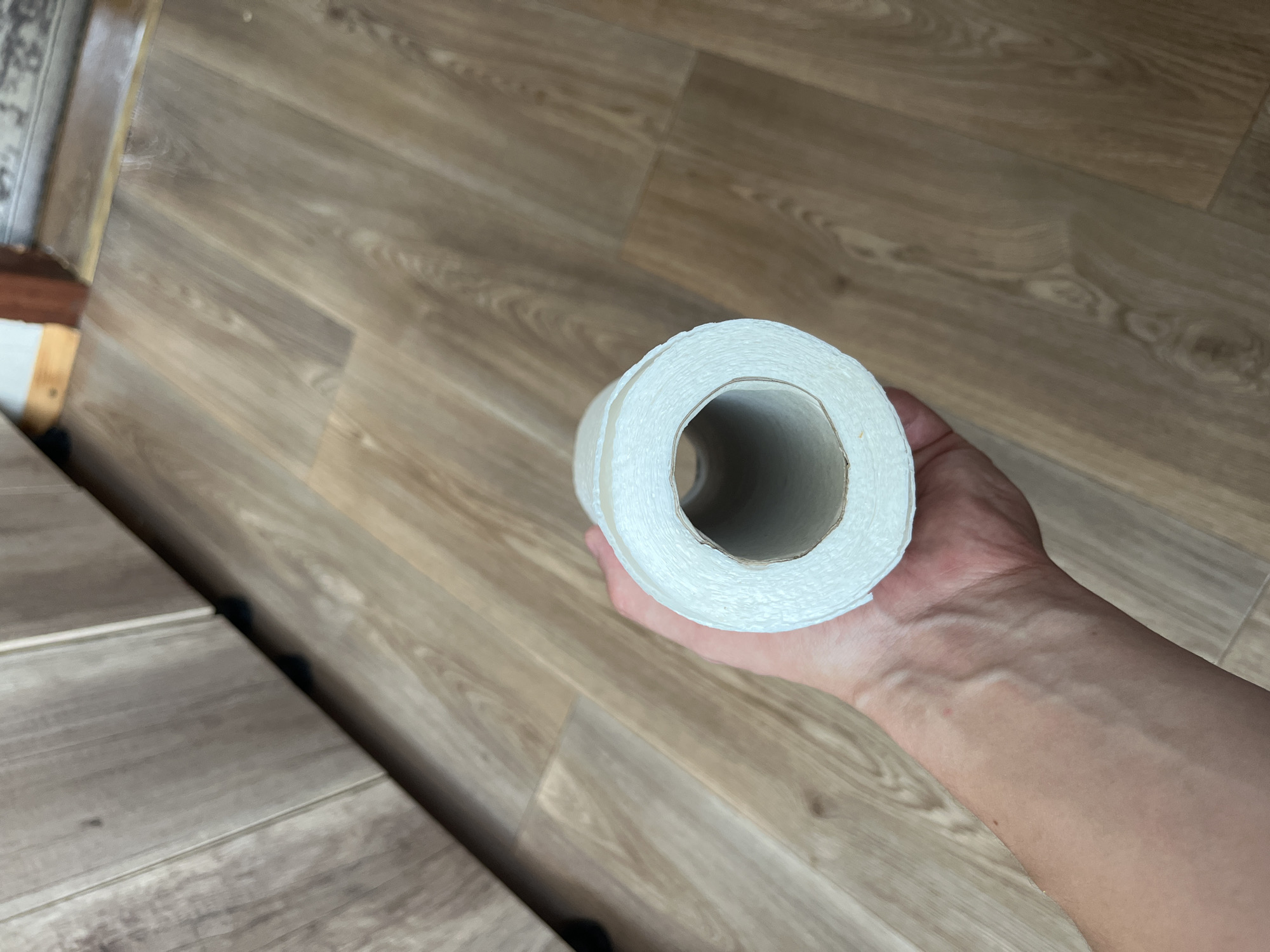 A person's hand is holding a roll of toilet paper, with the toilet paper roll's opening facing the camera. The hand is light-skinned and shows visible veins. The toilet paper is white and appears to be nearly depleted. The background consists of a light brown wood-patterned floor and a portion of a light brown cabinet. The scene does not provide any identifiable landmarks or contextual information to associate it with Navahrudak, Belarus.