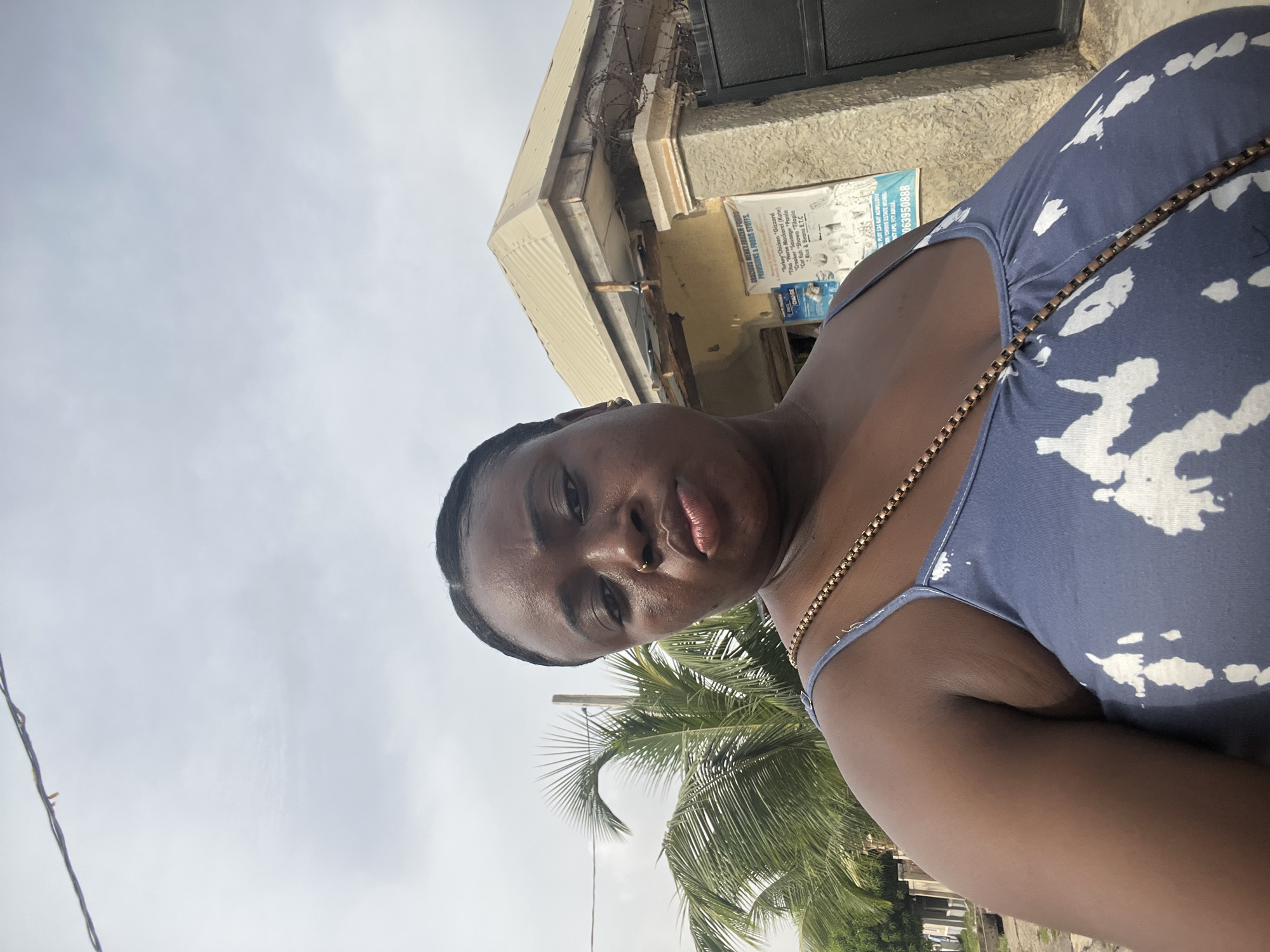 A dark-skinned woman in a blue and white patterned tank top is positioned in the foreground of an outdoor shot. The woman has a nose ring. The background shows a building with the sign of "GRACIOUS MENKY FROZEN FOODS" visible, including items like "Turkey," "Chicken," and "Gizzard." The sign also mentions "PLOT 134 RAY AOWULE" and "CHOOS ESTATE" in the "APO, FCT ABUJA" area of the city of Abuja, Nigeria, including a phone number: 063950888. A palm tree and a partly cloudy sky are also visible.