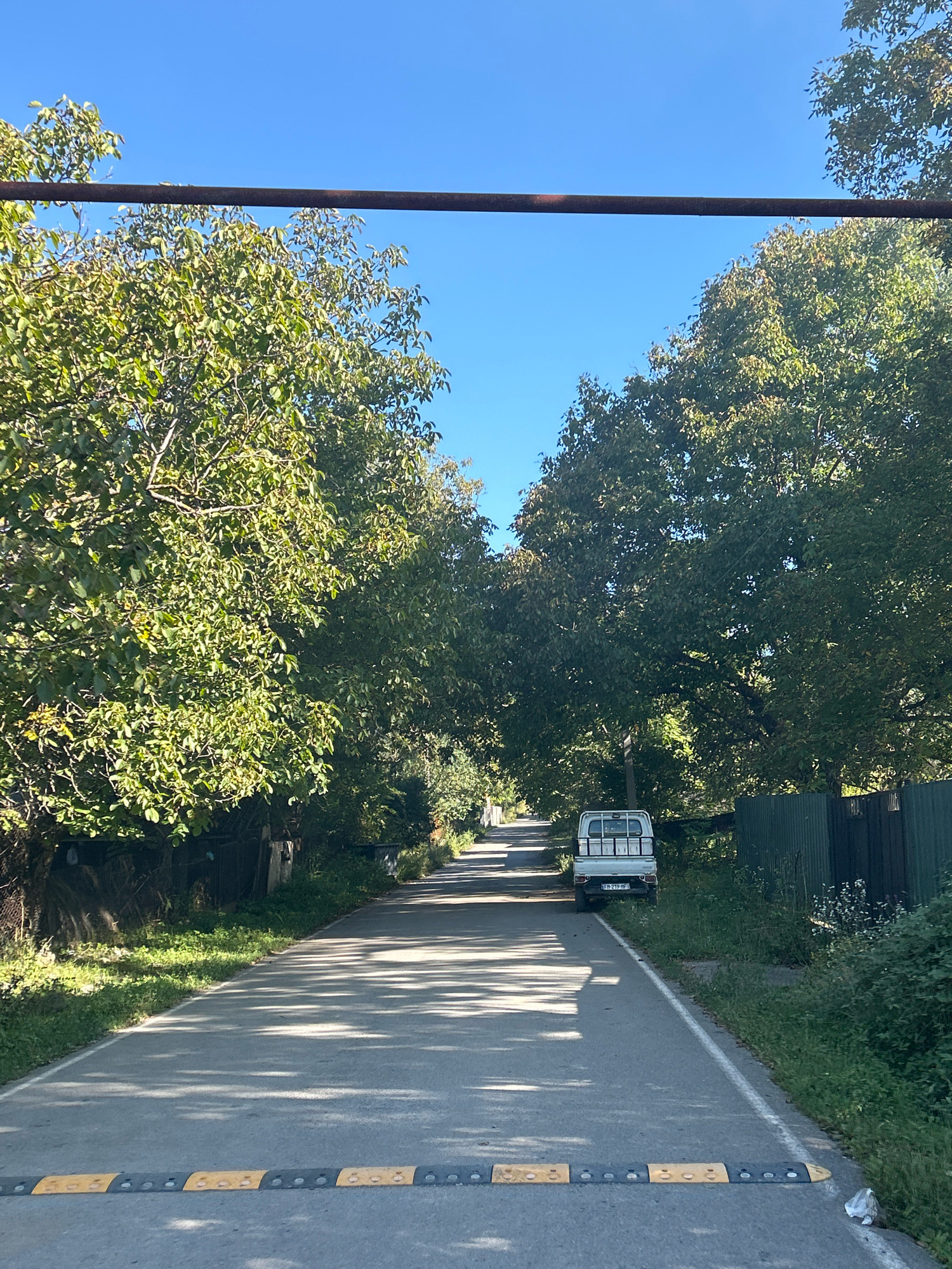 In Tsikhisdziri, Georgia, a paved road lined with trees on both sides stretches into the distance. Sunlight casts dappled shadows across the asphalt. In the foreground, a speed bump with black and yellow markings is visible. On the right side of the road, a green corrugated metal fence runs along the edge. Further down the road, a white pickup truck is parked on the right shoulder, its license plate visible as "TP 219 JP". The sky above is clear and blue.