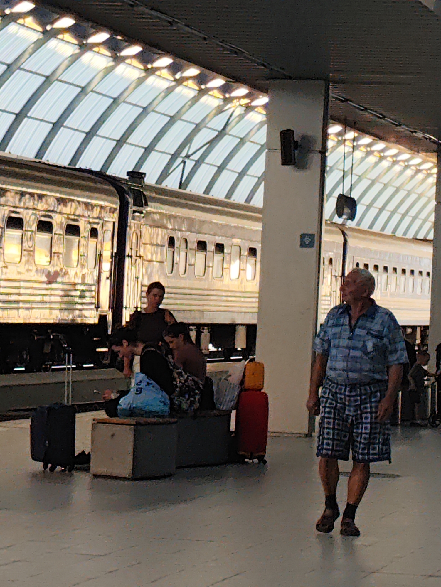 An elderly Caucasian man with gray hair, wearing a blue checkered short-sleeved shirt and blue checkered shorts, walks away from the camera on a train platform. He is wearing black socks and brown sandals. Behind him, a train with silver carriages is stopped at the station. Several people, appearing to be a family, are seated on a low platform or bench to the left of the frame. Luggage, including a black suitcase, a blue plastic bag, and red and yellow cylindrical bags, is present on the platform. The scene takes place within a covered train station with a large, arched glass roof and visible lighting fixtures. The environment suggests a public transportation hub, likely a train station in Chișinău, Moldova, given the presence of a train and platform infrastructure typical of such locations.