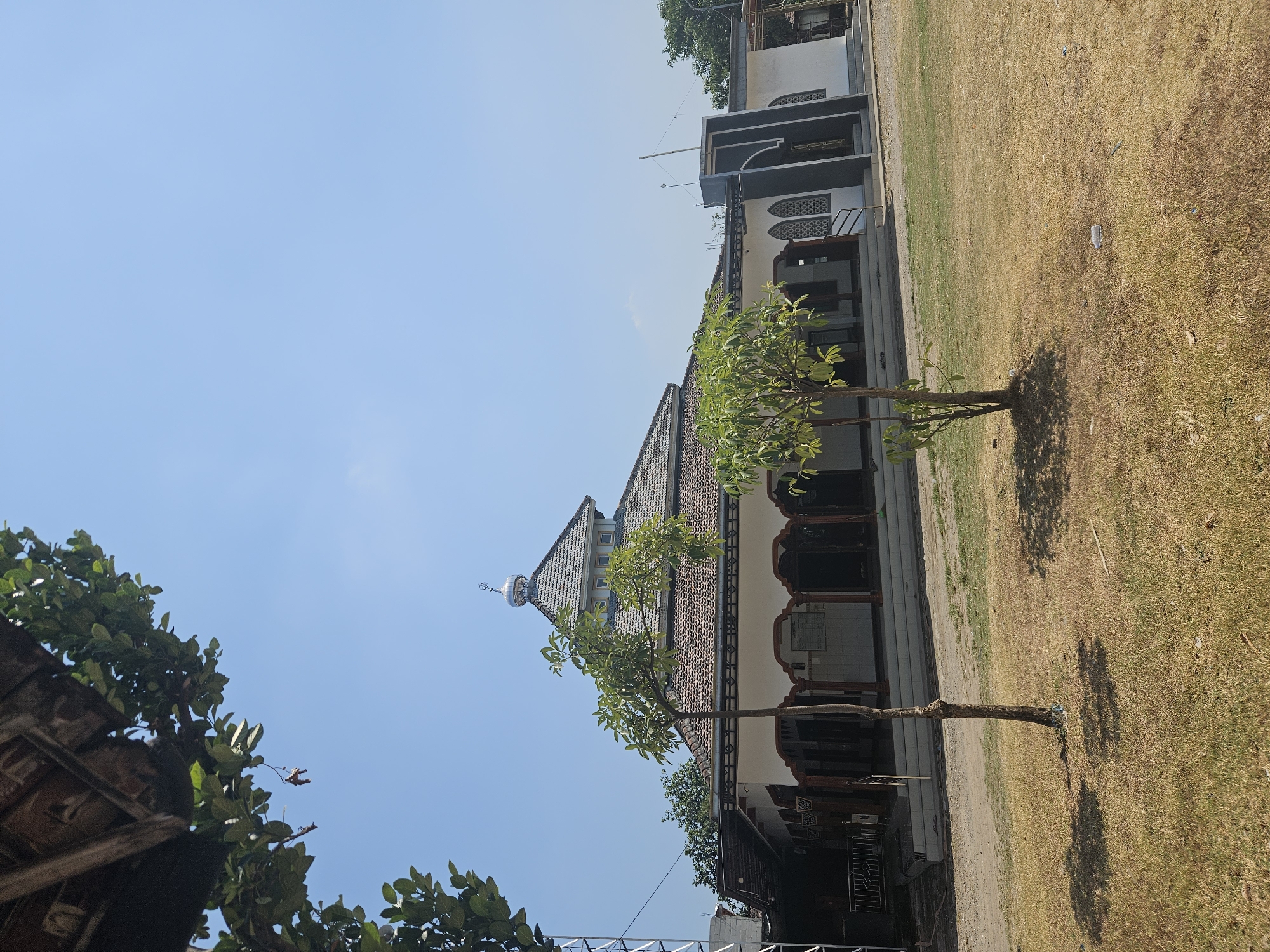 The image captures a mosque in Kalianyar, Indonesia, under a clear blue sky. The mosque features a traditional tiled roof with a prominent dome topped by a finial. The building has white walls with a decorative brown trim around the arched openings along its facade. A covered walkway with several columns runs along the front. In the foreground, two young trees with sparse foliage stand on dry, yellow grass. To the left, a tall metal structure, possibly a tower, is partially visible, and lush green leaves overhang from the top left corner of the frame, suggesting trees or foliage near a wooden structure. The overall environment appears to be an open area with dry vegetation, indicating a sunny and possibly warm climate. No people are visible in the frame.