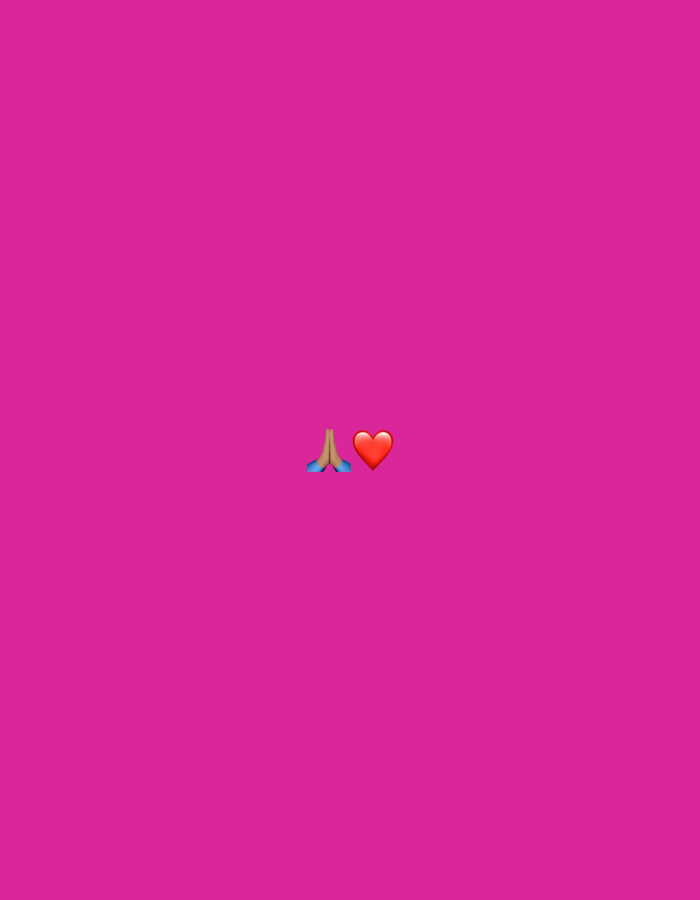 A praying hands emoji is next to a red heart emoji, centered against a solid magenta background. No other objects, people, or location is visible.