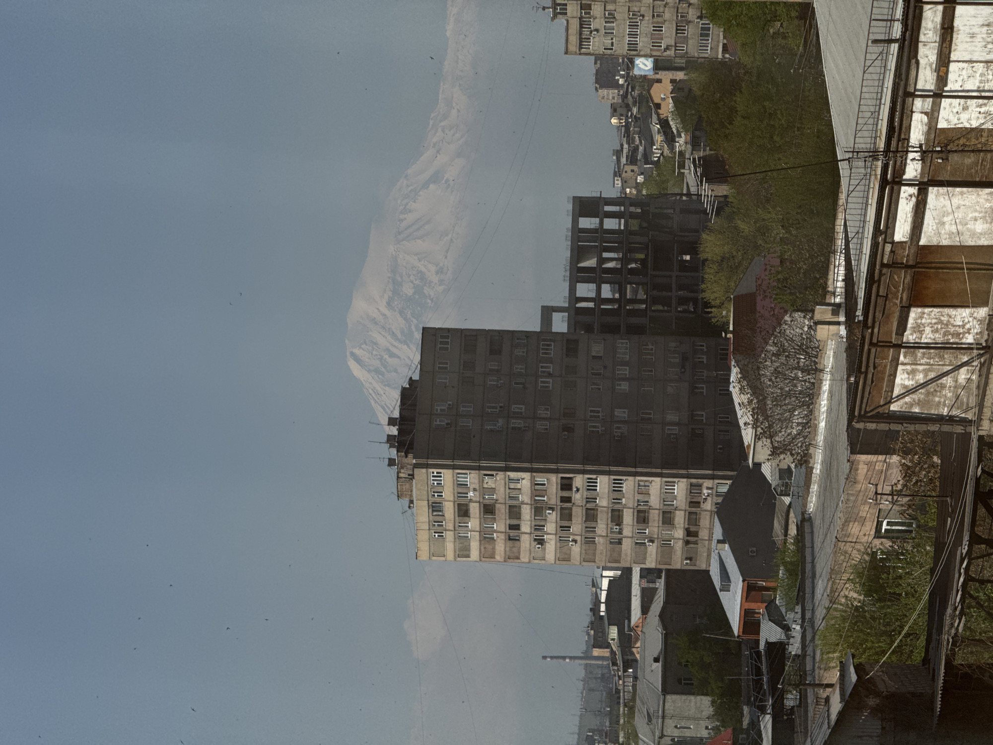 This image captures a panoramic daytime view of a city, likely Yerevan, Armenia, with a prominent, distant mountain in the background, which appears to be Mount Ararat. The sky is a hazy light blue, populated by numerous small, dark specks, suggesting birds in flight. Several dark lines, possibly power or communication cables, stretch across the scene.
In the mid-ground, a tall, grey concrete building with multiple stories and numerous windows is a central feature. Several air conditioning units are visible on its exterior. Adjacent to it, to the right, another large concrete structure is under construction, its framework clearly visible. The cityscape extends further to the right and into the background, showcasing a dense array of urban buildings, some with flat roofs and others with sloping designs. A blue circular sign can be seen on a building in the distance, but its text is illegible.
Green foliage from trees is visible throughout the urban landscape, adding a touch of nature to the concrete structures. The foreground on the right side of the image is dominated by the intricate details of rooftops and building materials, including what looks like part of an industrial structure with metal supports and weathered surfaces. Further into the lower foreground, more varied rooftops and some sparse vegetation are visible. The scene depicts a quiet, expansive urban environment under a clear but slightly obscured sky, offering a glimpse of daily life without specific activity.