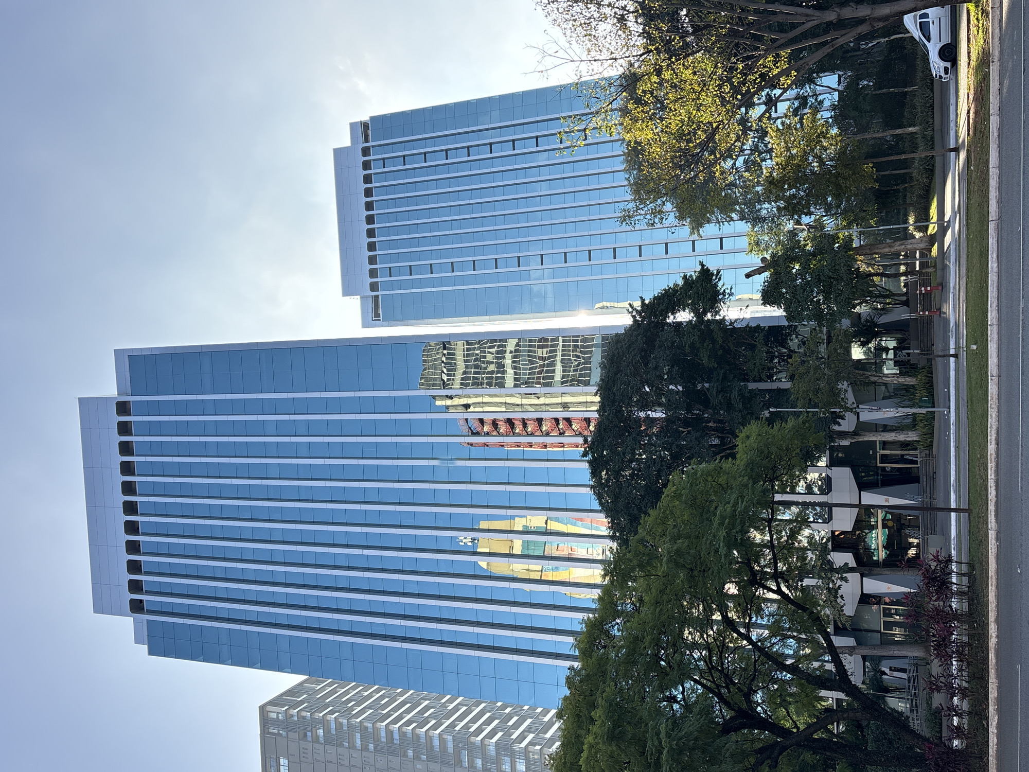 The image depicts the exterior of a modern office building complex located in the Brooklin Novo neighborhood of São Paulo, Brazil. Two prominent skyscrapers with glass facades dominate the scene, reflecting the clear blue sky and other surrounding buildings. The larger skyscraper on the left features a grid of vertical silver elements against the blue glass. To its left, another, older skyscraper with a more textured facade is visible. The smaller skyscraper on the right has a similar glass facade with vertical accents. In the foreground, lush green trees with dense foliage create a natural canopy, obscuring the lower floors of the buildings. The ground level of the building complex appears to have a modern entrance area with geometric architectural elements and glass doors. A paved sidewalk and a road with white lane markings are visible in the very foreground, with a white van parked on the right side of the road. The overall impression is of a well-maintained, contemporary urban environment.