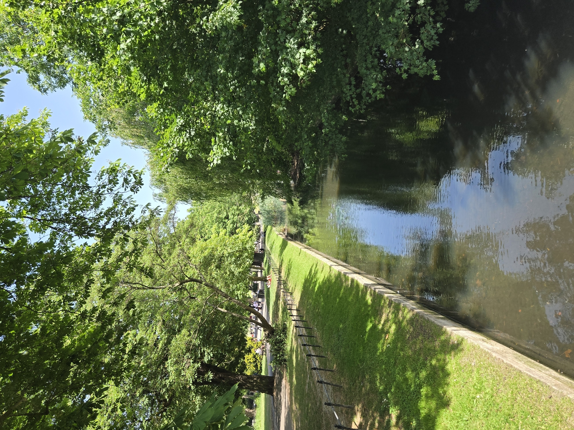 A horizontal outdoor shot depicts a canal scene in London, United Kingdom, on a bright sunny day. A body of water, reflecting the sky and surrounding trees, runs along the right side of the frame. A concrete canal wall separates the water from a green grassy bank that stretches inland to a tree-lined walkway. Metal posts with a connecting wire run along the edge of the walkway, separating it from the grass. Trees with dense green foliage line both sides of the canal, creating a green canopy. A few people are visible on the walkway, some sitting on benches. Sunlight dapples the grass and walkway, creating areas of shadow. The canal is calm, with ripples and reflections visible on its surface.