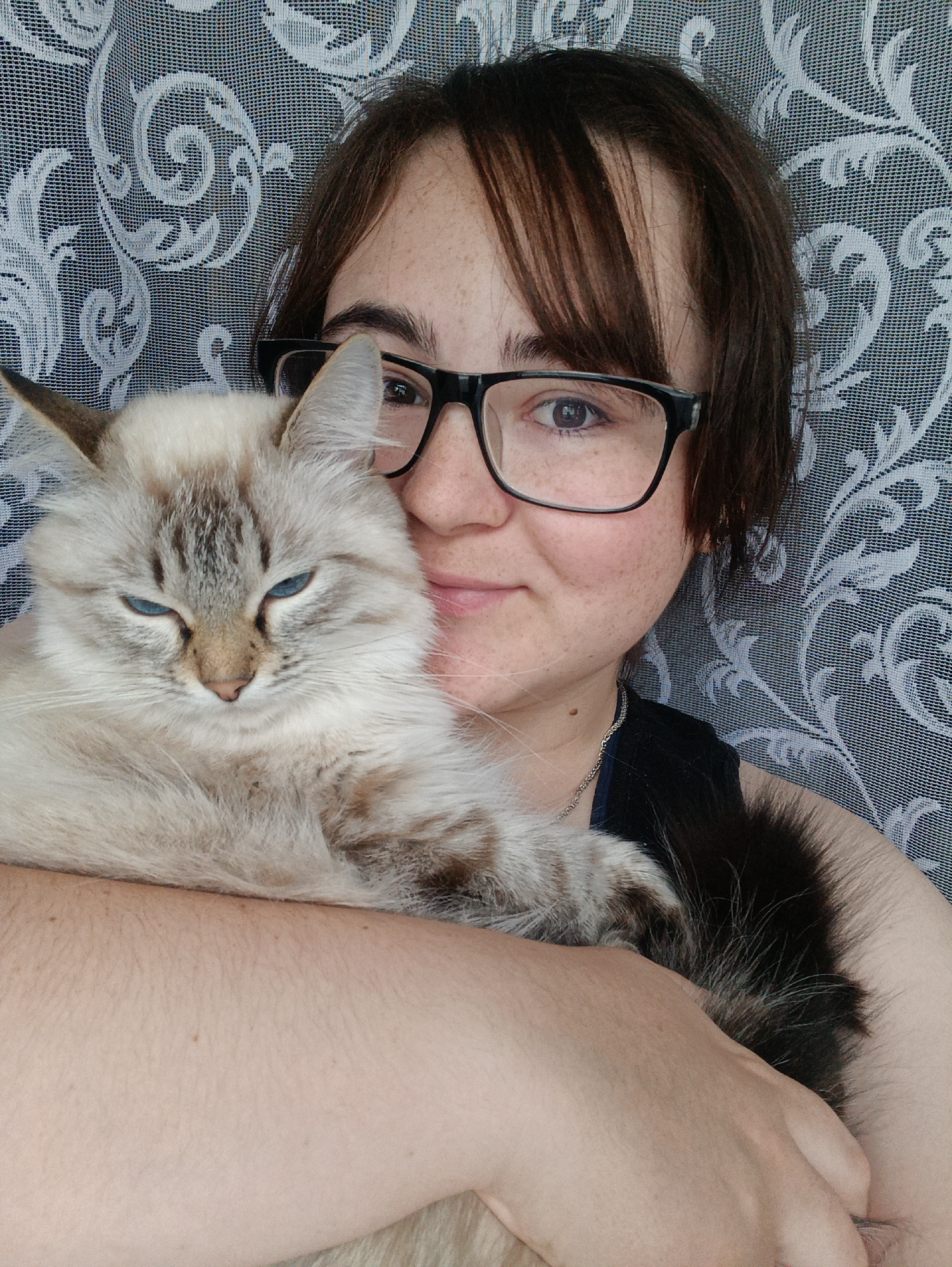 A person with short, dark brown hair and glasses is holding a light-colored cat with blue eyes. The person is smiling and looking at the camera. The cat is nestled in the person's arms. The background is a white and grey patterned curtain. The image was taken in Noviy, Russia.
