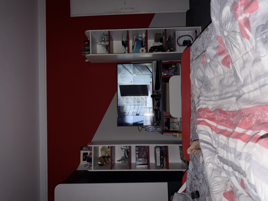 This image depicts an interior room, specifically a bedroom, located in Opanets, Bulgaria. The perspective is low, originating from a bed in the foreground.
In the foreground, a bed is covered with a duvet patterned in grey, white, and red floral and striped designs. A bare human foot is partially visible extending from beneath the duvet in the lower-center. A black remote control rests on the duvet to the left of the foot.
Beyond the bed, the room features walls painted white in the upper section and a distinct red in the lower section, separated by a diagonal line that descends from left to right. A flat-screen television is centrally positioned on a dark entertainment unit. The television displays a scene featuring metal bars or a gate within a stone or concrete structure, with an open doorway visible. A white PlayStation 5 console, a plastic water bottle, and other electronic devices are present on or below the entertainment unit.
To the left of the television, a tall, narrow white bookshelf with red-lined shelves holds various items including books, DVDs, stuffed animals, and framed photographs. To the right of the television, an identical tall, narrow white bookshelf with red-lined shelves contains drinking glasses, bottles, a spray bottle, and assorted household objects. A white door with a silver handle is visible on the far right. The ceiling is white. The room exhibits ambient, somewhat dim lighting.