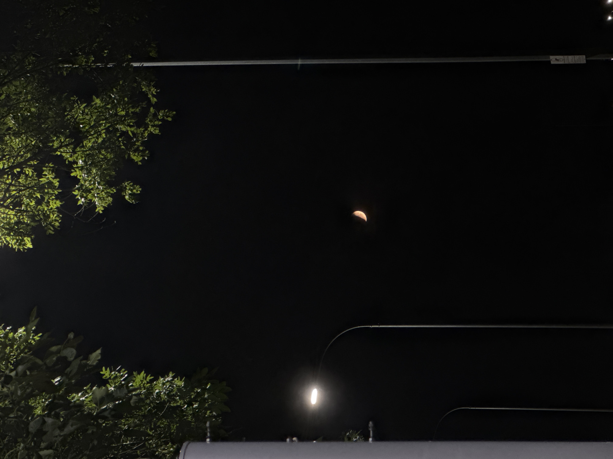 A nighttime outdoor scene depicts a crescent moon in the dark sky, partially obscured by the branches of trees in the upper left and upper right. Two streetlights are visible; one in the mid-left is illuminated, casting a bright light, and another, unlit, extends from the mid-right of the frame upwards. A tall, slender pole, possibly a lamppost or utility pole, runs vertically on the right side of the image, with a sign attached near its base. Another vertical pole, wider and white, is partially visible on the far left edge of the frame. The overall impression is a quiet, nocturnal urban or suburban environment.