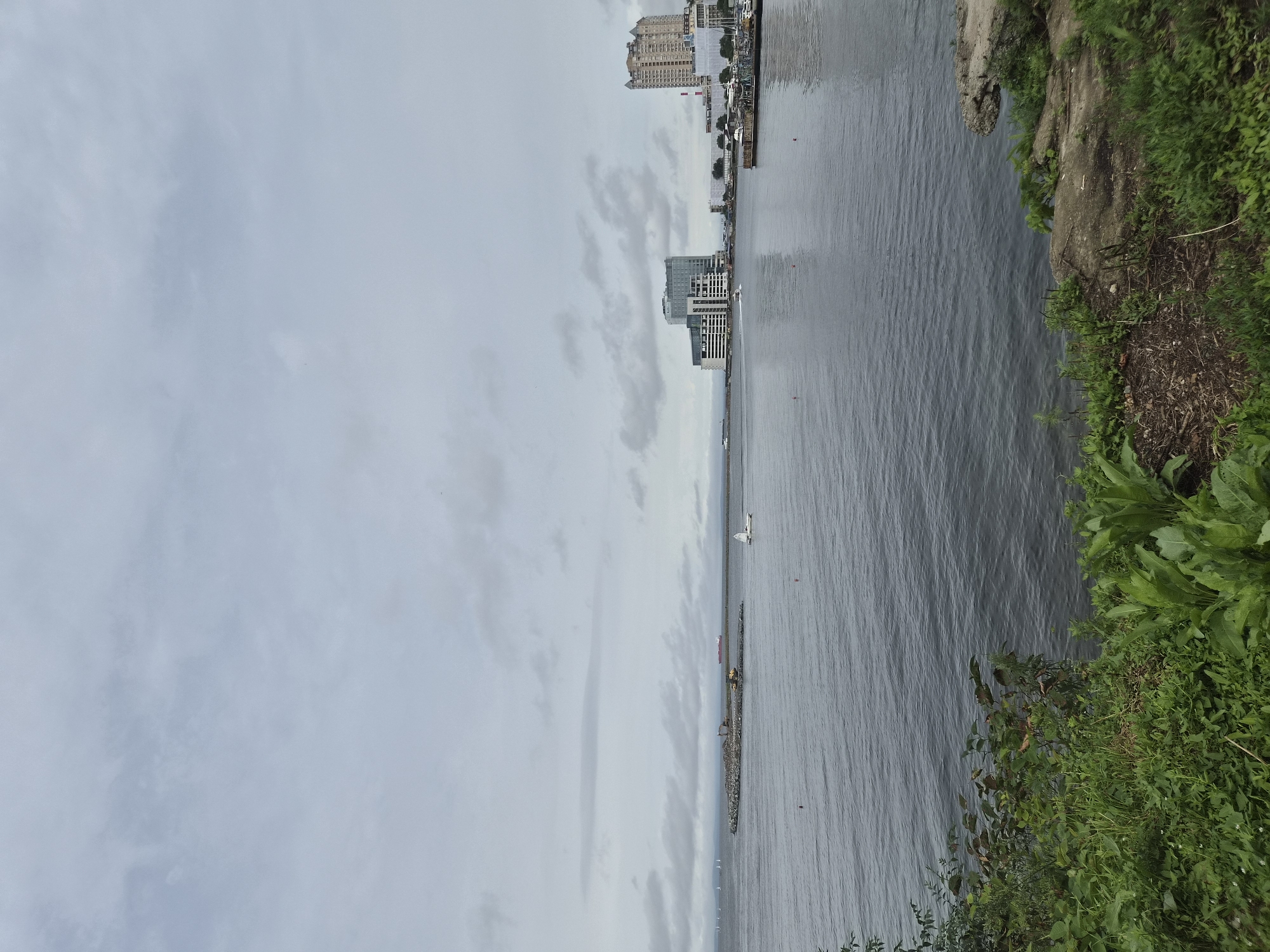 The image depicts a hazy, overcast day over a bay in Vladivostok, Russia. The foreground shows lush green vegetation and rough, rocky terrain leading down to the water's edge. The bay itself is a deep gray, with gentle ripples on its surface. In the middle ground, a breakwater made of dark rocks is visible, with construction equipment and piles of material on it. Several small sailboats dot the water, along with buoys. Further in the distance, modern buildings of varying heights, including a tall, light-colored tower with visible air conditioning units on its side, and a glass-fronted building, line the shore. A large red cargo ship is also visible on the horizon. The sky is a uniform pale gray, with diffused clouds obscuring any direct sunlight.