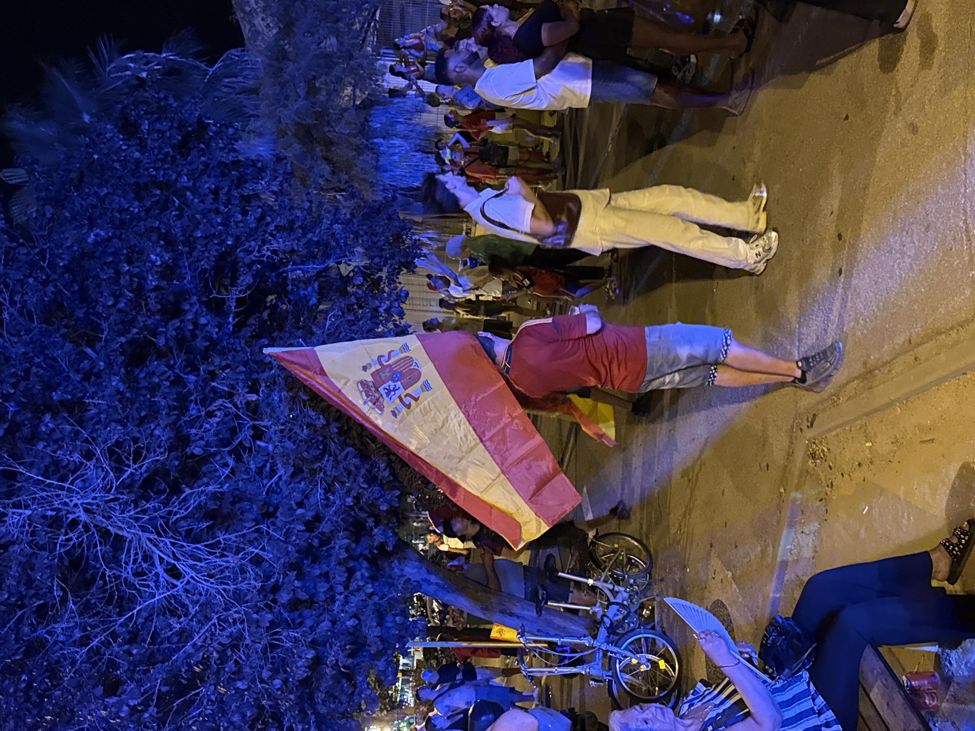 The image depicts a nighttime street scene in Blanes, Spain, illuminated by artificial lights casting a blue hue on foliage and a warm glow on the pavement. A crowd of people are gathered, some standing and observing, others walking. In the foreground, a woman sits on a bench, holding a fan. To her left, two bicycles are parked. A prominent Spanish flag, red and yellow, is held aloft by a person in the center of the frame. The overall atmosphere suggests a public gathering or event, possibly a festival or celebration.