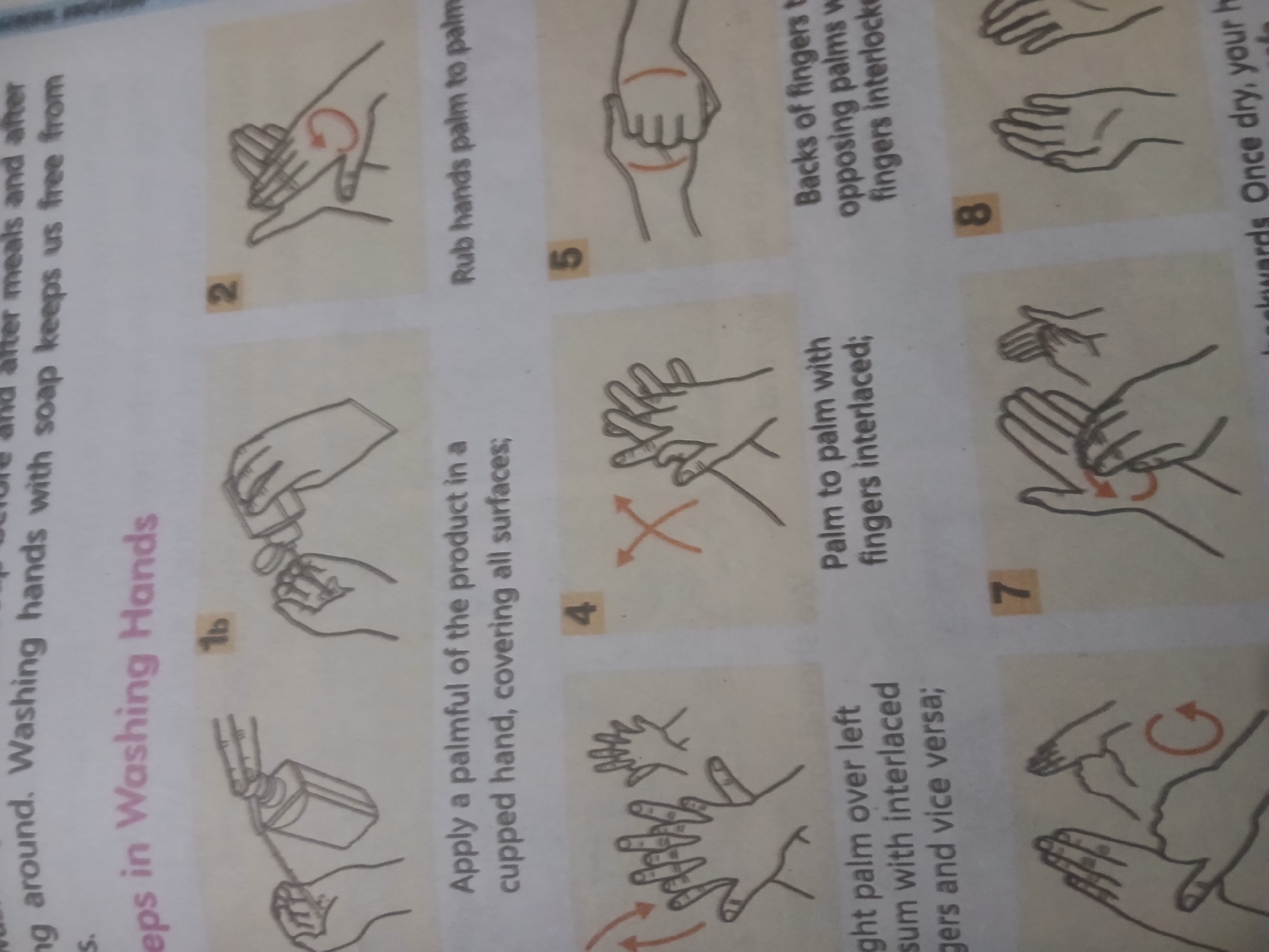 The image displays a diagram illustrating steps for washing hands. The diagram is divided into numbered sections, each depicting a different action. Some sections include text describing the action. There are no people, identifiable locations in Peshawar City Tehsil, Pakistan, or environmental details present in the image. The content is purely instructional.