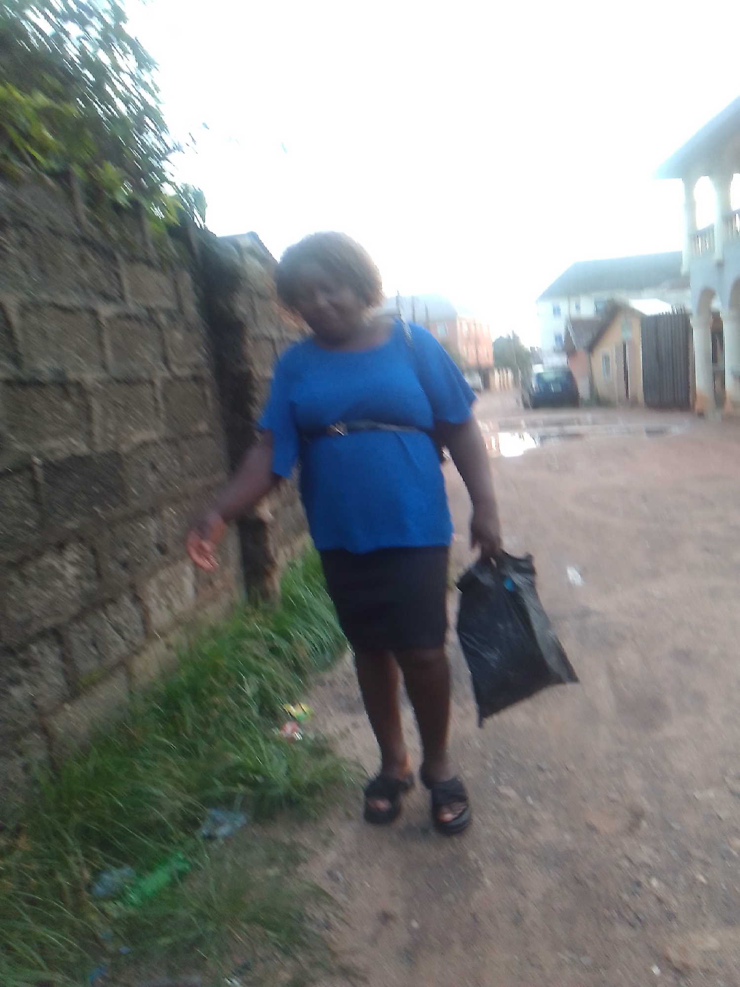 This image captures a blurry, candid moment of a woman walking outdoors on an unpaved road, likely in a residential or semi-urban area of Owerri, Nigeria.
The primary subject is a woman with short, dark hair, positioned slightly to the right of the frame. She is wearing a blue short-sleeved top, cinched at the waist with a dark belt, a black skirt, and black slip-on sandals. She carries a black plastic bag in her right hand, while her left hand is slightly extended near a stone wall.
To the left of the woman, a rough-textured stone or concrete block wall runs alongside the path. Green foliage and creepers grow over the top of the wall and lush green grass covers the ground at its base. Scattered among the grass are pieces of litter, including plastic bottles and wrappers.
The unpaved path she is walking on is a dirt road, characterized by several puddles reflecting the bright sky, indicating recent rainfall. In the background, various buildings are visible, including a multi-story structure with white arched balconies and another smaller building. A dark-colored car can also be seen further down the road.
The lighting suggests it is either late afternoon or early evening, with a bright sky providing soft illumination. The entire image has significant motion blur, particularly affecting the woman and the background elements, making specific details indistinct. There is no visible text in the image.