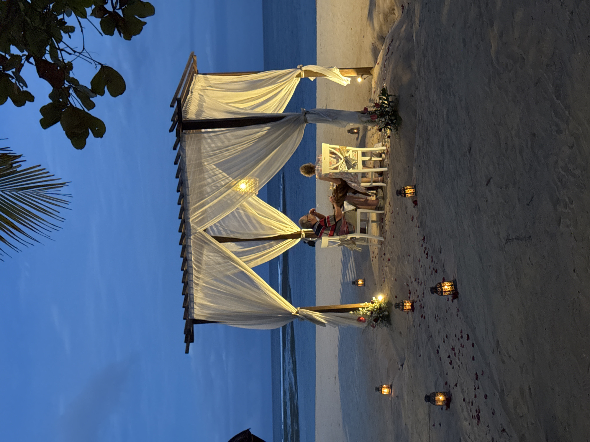 The image captures a romantic dinner setting on a beach, likely in Kuta Selatan, Indonesia, given the tropical environment. A wooden pergola draped with white fabric stands on the sand, illuminated by hanging lanterns. Underneath, two people are seated at a white table. The beach is decorated with rose petals and small lanterns, creating a romantic ambiance. The sky is a deep twilight blue, suggesting it is early evening. The ocean is visible in the background, providing a serene backdrop. The foreground includes foliage from trees, adding a natural element to the scene.