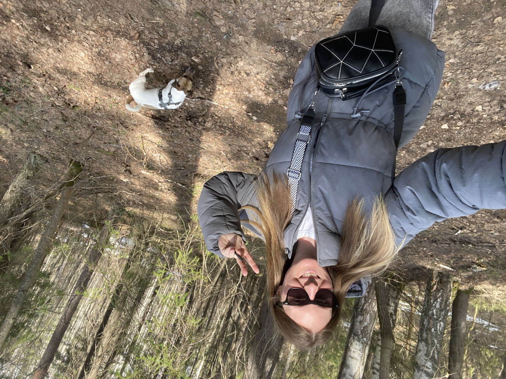 A woman wearing a gray puffer jacket, sunglasses, and a black purse with a patterned strap is taking a selfie in a forest. She is holding up a peace sign. A small, white and brown dog wearing a harness is in the background. The forest has tall trees with bare branches and some green foliage. The ground is covered in leaves and dirt. The location is Noviy, Russia.