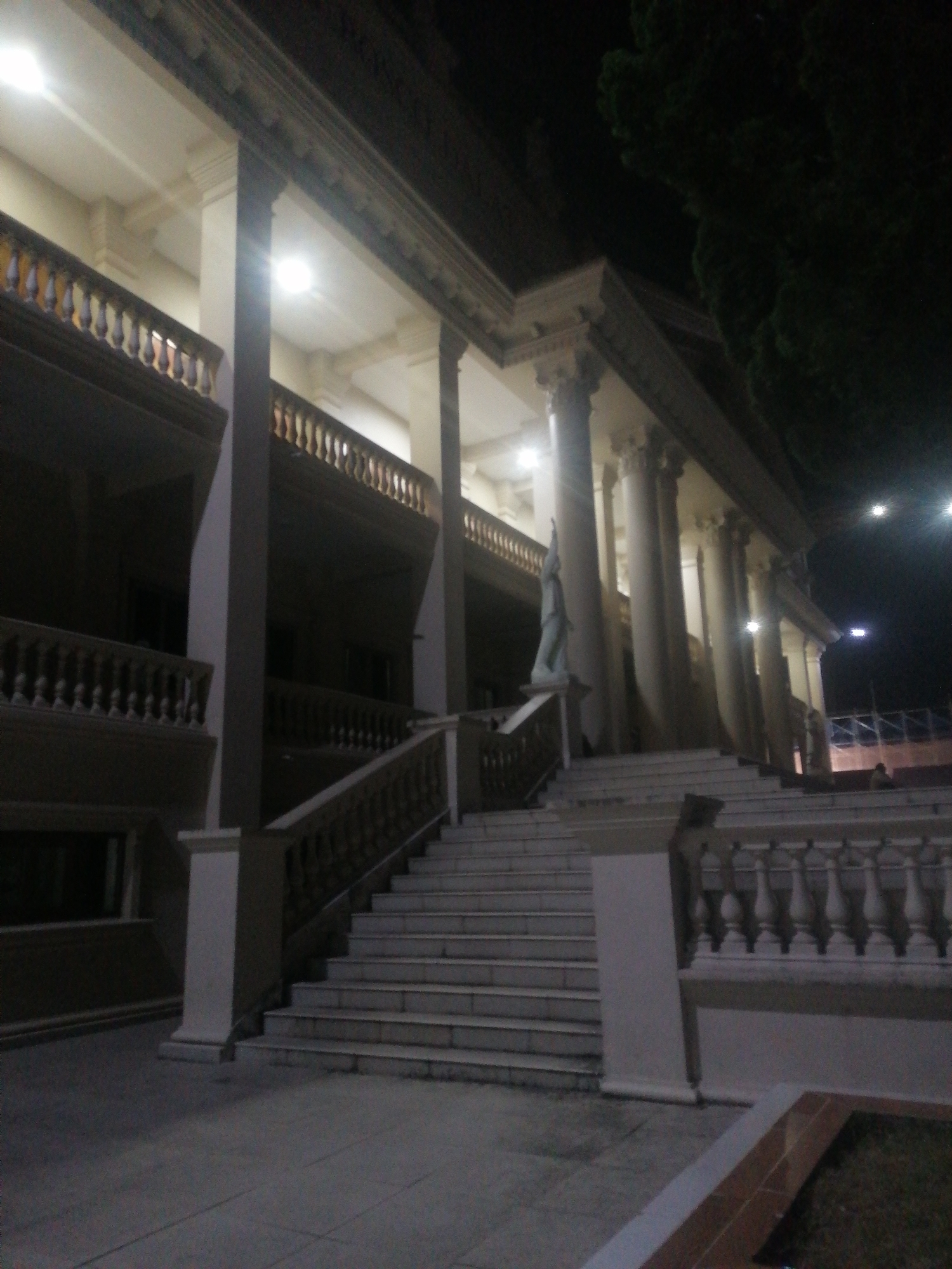 The image depicts the exterior of a grand building at night, characterized by a classical architectural style. A wide, illuminated staircase dominates the foreground, leading up to a colonnade with tall, fluted columns supporting a decorative entablature. A statue of a figure stands to the left of the stairs, near a balcony with ornate railings. The building's facade features multiple levels with balconies and is illuminated by interior lights, casting a warm glow. Dense foliage, likely trees, is visible against the dark night sky on the right side of the frame. The ground in front of the stairs is paved. The overall impression is one of a stately and well-maintained public building, possibly a museum or government structure, located in a city with a temperate climate given the presence of lush trees. The specific location in Xuân Hương - Đà Lạt, Vietnam, suggests a possible cultural or historical landmark within the city.