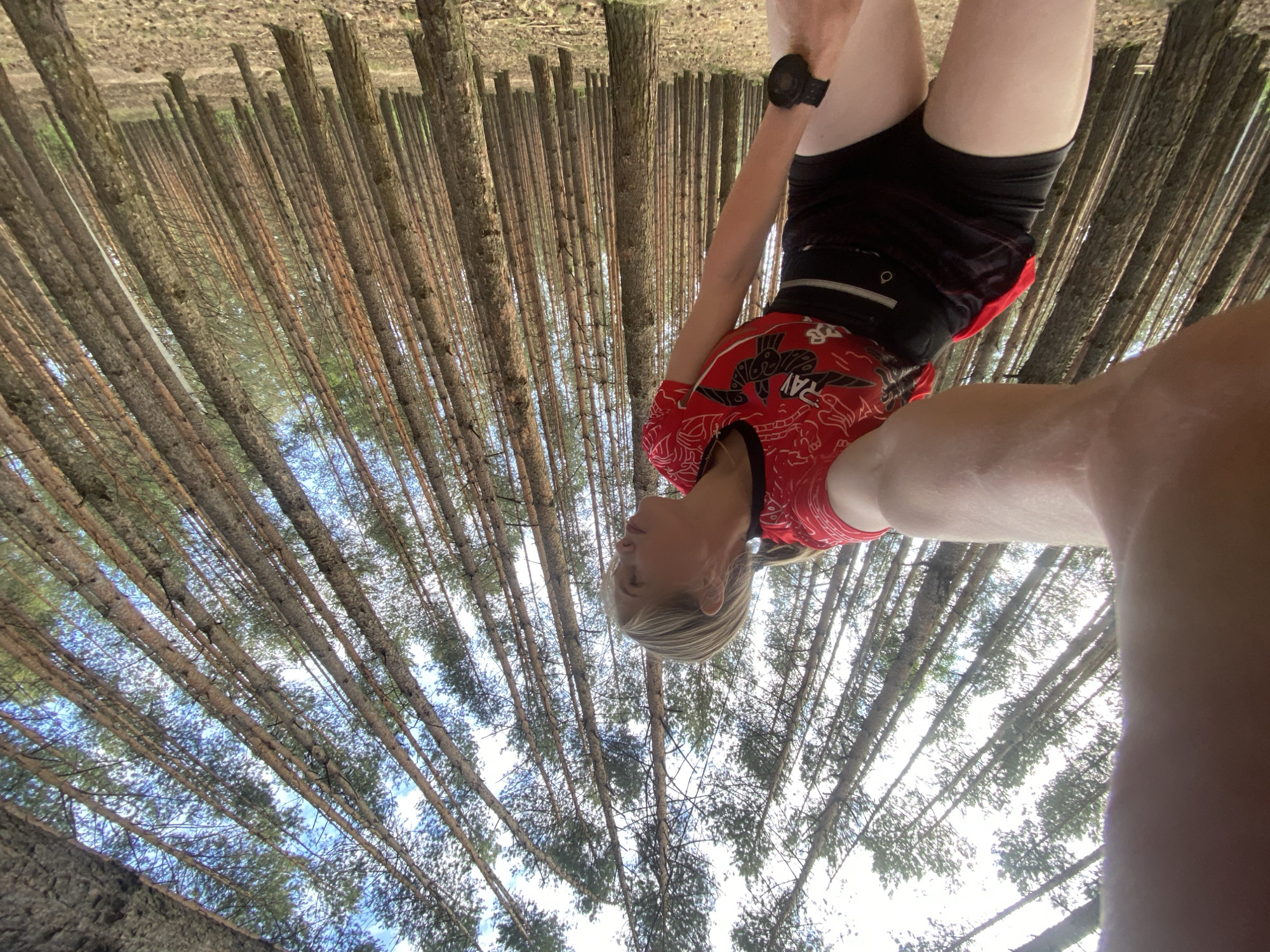 A low-angle, upside-down perspective depicts a woman standing in a pine forest, possibly in the city of Chaikovsky, Russia. Rows of straight, tall pine trees stretch into the sky, creating a visual pattern of vertical lines. The sky is visible through the canopy. The woman wears a red and black athletic shirt, black shorts, and a black watch. A hydration pack is visible around her waist. Her blond hair is pulled back. Her face is visible. Her arm extends towards the camera, partially obscuring the view.