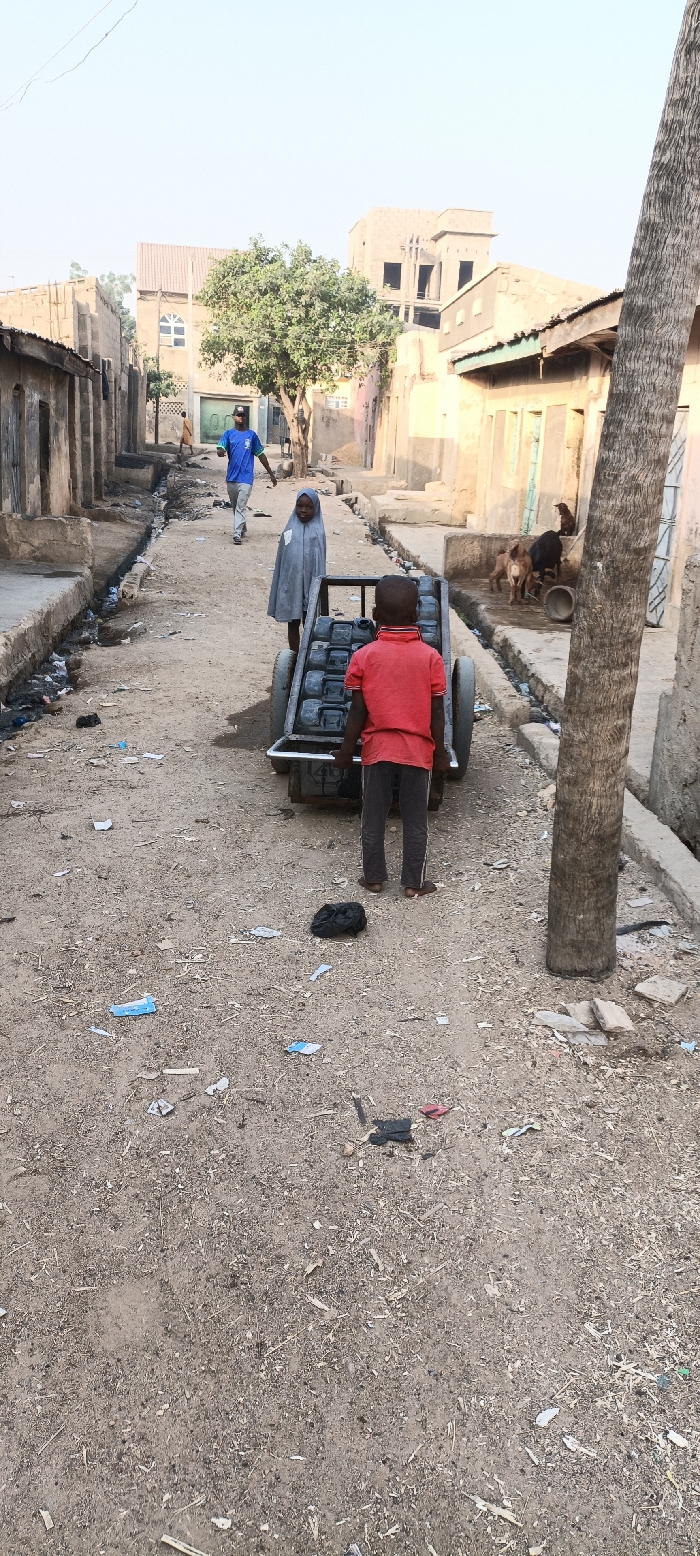 A vertical shot captures a dusty, unpaved street scene in Kaura Goje, Nigeria, under a bright, clear sky, suggesting either morning or late afternoon. In the foreground, a young boy in a red short-sleeved shirt and dark pants, barefoot, stands with his back to the camera, appearing to push a metal handcart. The cart is heavily loaded with multiple dark, rectangular containers, likely jerrycans used for transporting water.
To the left of the cart, a young girl wearing a grey hijab and a loose-fitting robe stands, looking towards the camera with a neutral expression. Further down the street, a man in a blue t-shirt and light-colored pants walks towards the viewer. Another person in lighter clothing is visible in the distance on the left side of the street.
The street is lined with various buildings, predominantly single or two-story structures, some appearing unfinished or in a state of disrepair. A leafy green tree stands in the mid-ground on the left, providing a focal point amidst the buildings. On the right side of the frame, the thick trunk of a palm tree partially obscures a view of additional buildings and several goats, possibly with a dog, gathered near a drainage ditch that runs parallel to the street.
The ground throughout the image is covered in sand and dirt, scattered with debris, including plastic wrappers, paper, and wood chips, indicating unpaved conditions and visible litter. The drainage ditches flanking the street also contain accumulated trash. The scene portrays daily life, highlighting activities like water transport in a residential area with a visible lack of modern infrastructure. No discernible text is visible.