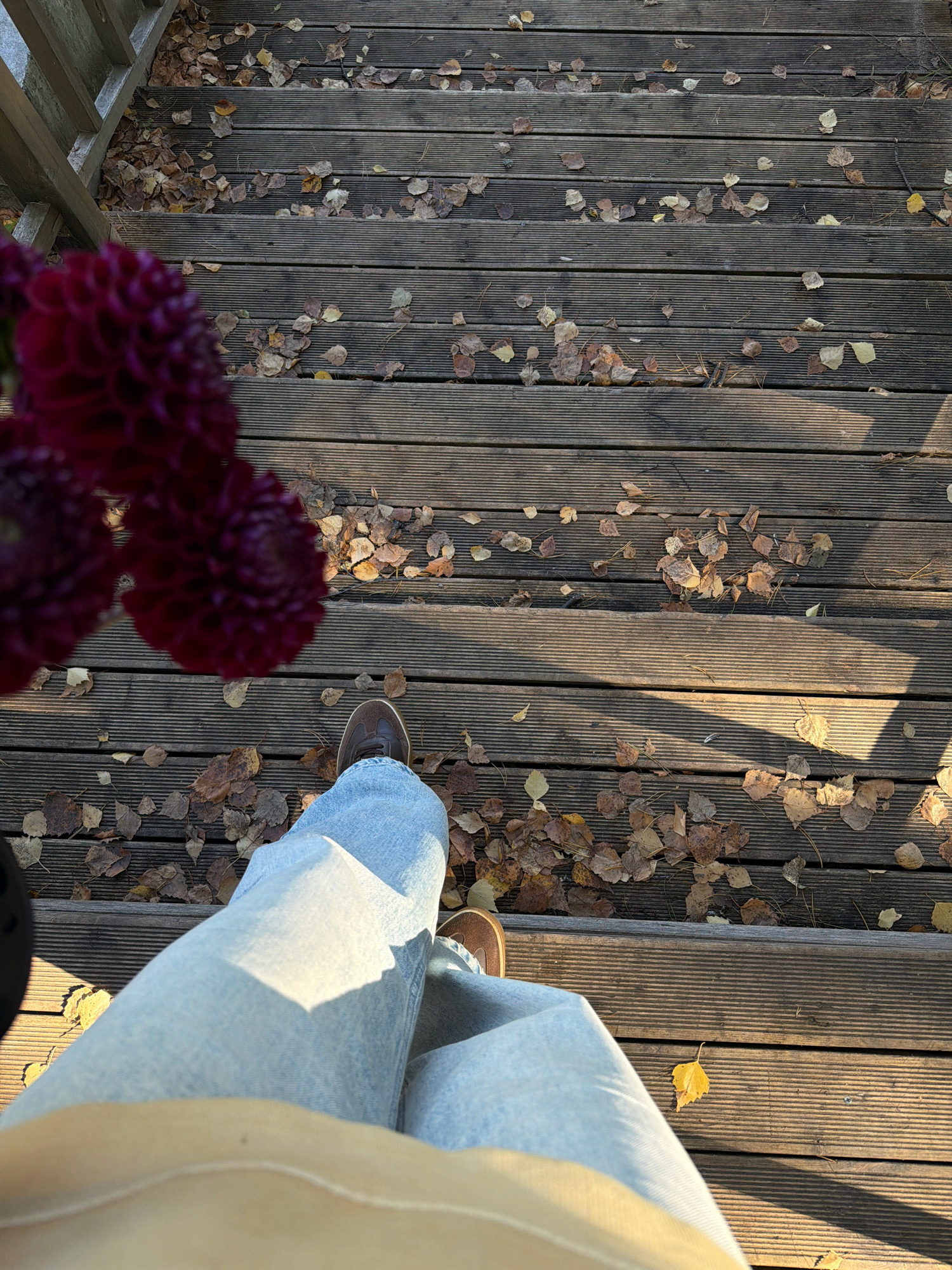 An overhead view captures a person's legs, clad in light-wash denim jeans and brown leather shoes, standing on a wooden deck. The deck is covered with fallen autumn leaves in various shades of brown and yellow. To the left, a bouquet of dark red flowers, possibly dahlias, is partially visible, adding a touch of color to the scene. The lighting suggests it is either early morning or late afternoon, with long shadows cast across the deck. There are no identifiable city landmarks or specific locations within Chaikovsky, Russia.