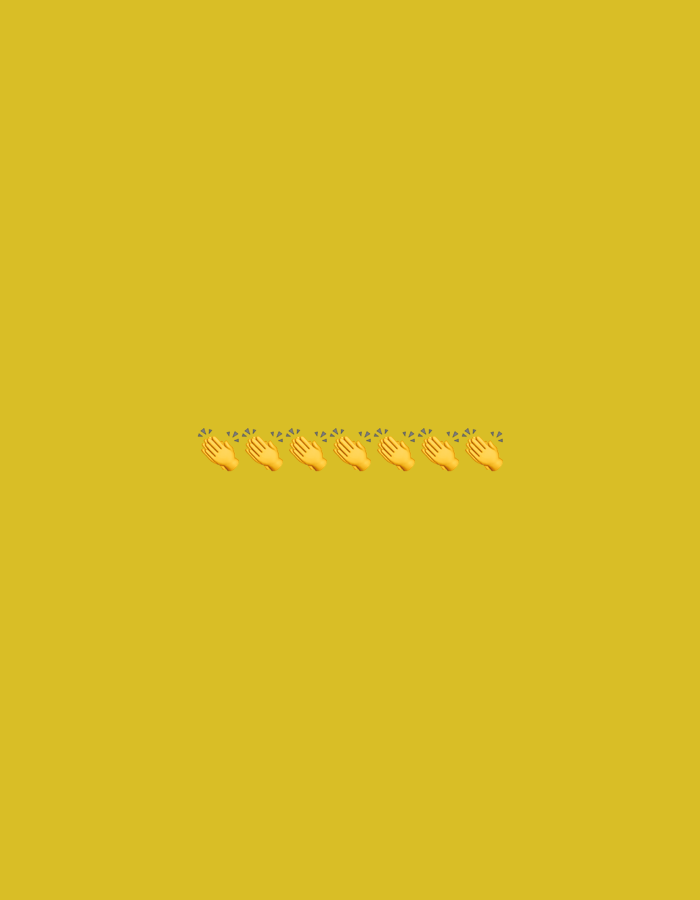 The image is a digital graphic with a plain, solid yellow background. Centered horizontally in the lower portion of the image are six yellow clapping hand emojis, each with small grey starbursts emanating from them. The emojis are arranged in a single row and appear to be identical. There are no other objects or people depicted in the image. The image does not contain any identifiable landmarks or features related to the city of Gorzow, Poland.