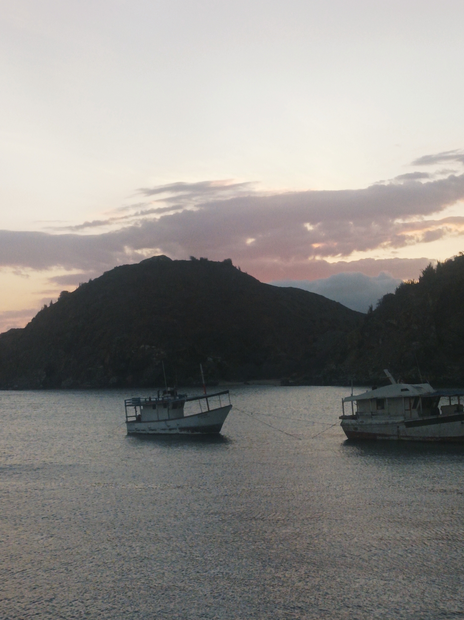 The image depicts a coastal scene at dusk, likely near Porlamar, Venezuela, given the context. Two small boats are anchored in the water, with a dark, hilly landmass forming the backdrop. The sky exhibits soft, muted colors of pink and grey, suggesting either sunrise or sunset. The water is relatively calm with subtle reflections. No people are visible in the image. The boats appear to be fishing vessels or small passenger boats.