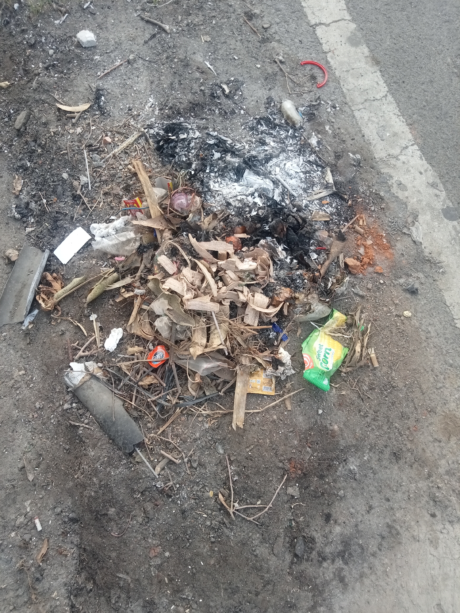 The image shows a pile of trash and ashes on the side of a road in the city of Malang, Indonesia. The trash includes dried leaves, plastic wrappers, wood scraps, and remnants of burnt material. There is a green plastic wrapper with "sweet corn" printed on it, and a red curved plastic object near the white line of the road. The scene appears to be outdoors, next to a paved surface, likely a street or sidewalk, with a white line marking the edge. The ground is mostly dirt and gravel.