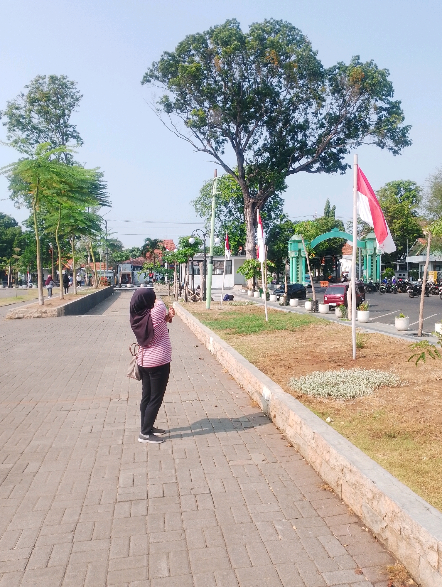 A woman wearing a black hijab and a pink and white striped shirt stands facing away from the camera on a paved walkway. She is holding a phone in her right hand and appears to be taking a picture. To her right, a grassy area is bordered by a stone wall. In the background, a large tree stands prominently, with Indonesian flags flying on poles in front of it. Beyond the flags, an arched gateway with green accents marks an entrance to an area with parked motorcycles and cars. The scene is set in the city of Probolinggo, Indonesia, likely in a public park or plaza.
