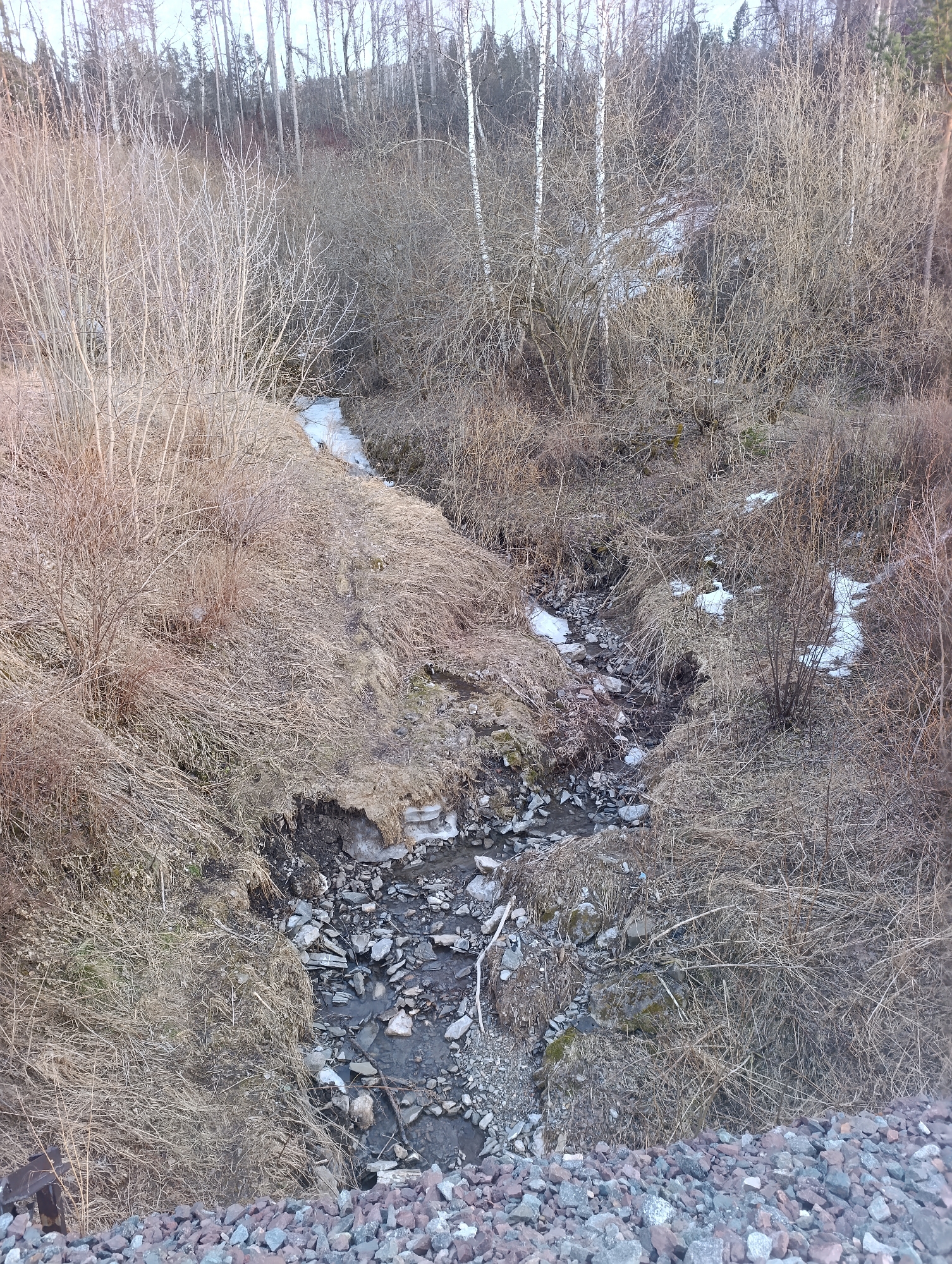 The image shows a rocky stream bed running through a landscape of dried grasses and bare bushes, with some patches of snow remaining. The stream flows from the background towards the bottom of the frame. Trees are visible in the background. The foreground of the image shows an embankment made of gravel and small rocks. Based on the prompt, this is likely in Krasnoyarsk, Russia.